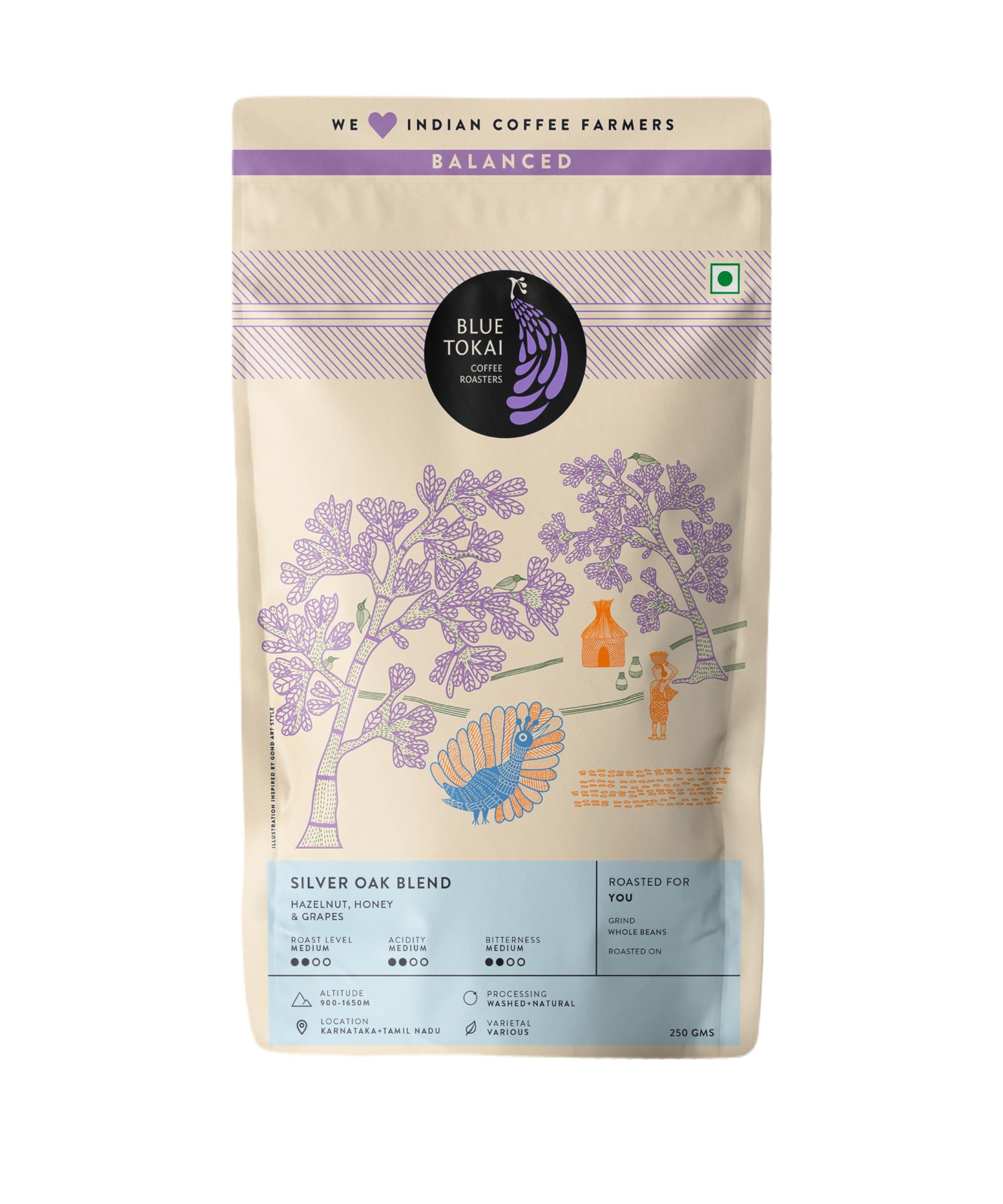 Blue Tokai Coffee Roasters Silver Oak Cafe Blend - Medium Roast | Whole Beans 250 Gram | Rich & Smooth Coffee Blend | 100% Arabica Beans | Specialty Coffee | Freshly Roasted Coffee Beans