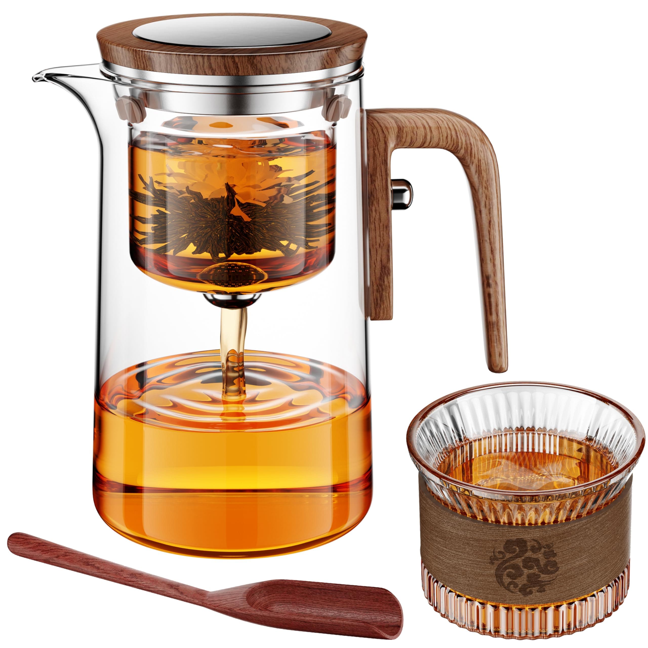 Enchanti Tea Pot, One Touch Glass Teapot with Infuser, Tea Maker for Loose Leaf Tea, Tea Gifts Set -27oz/800ml
