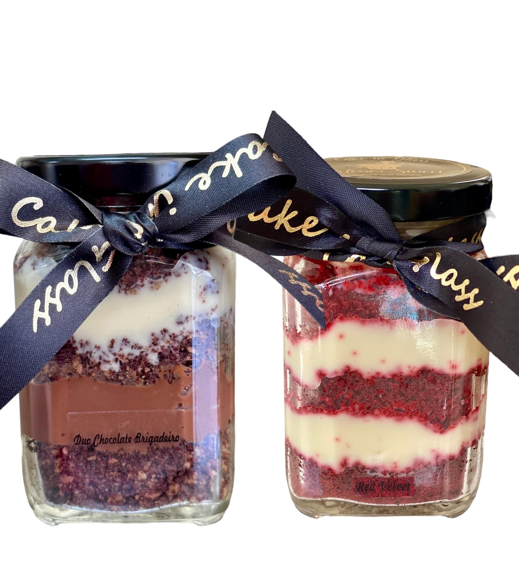 Gourmet 2 Cakes in a Jar Set - Duo Chocolate Cake with Special White and traditional Belgian Chocolate Cream Brazilian Brigadeiro - Red Velvet Flavor Layered with White Belgian Chocolates - Birthday Gift Baskets, Brazil Brigadeiro, Jars Combo, 2 flavors, Dessert Package, Glass package, Gourmet Desserts in Jar Set by Misses Sweet, 6 oz each