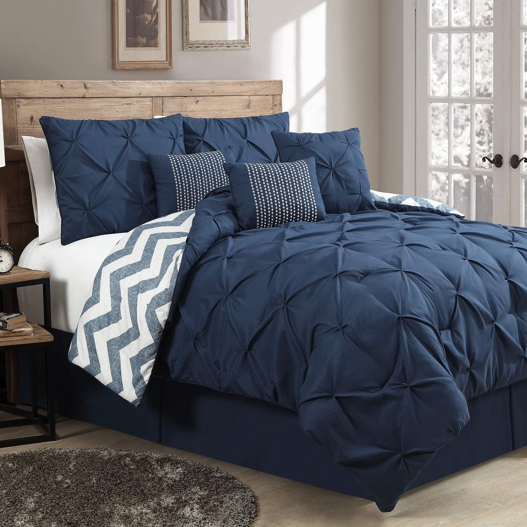 Avondale Manor 7-Piece Ella Comforter Bed Set - Reversible Ultra-Soft Pinch Pleat Navy Bedding Comforter Set with 3 Decorative Pillows for Queen Bed, Hypoallergenic, 7 Pieces, Queen Navy