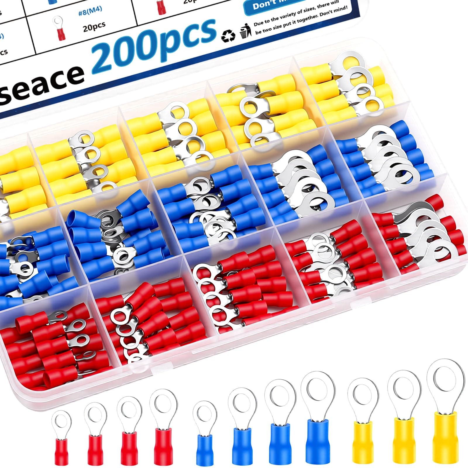 smseace 200pcs Ring Terminals 12-Sizes(M3/M4/M5/M6) Insulated Ring Connectors 22-16/16-14/12-10AWG Electrical Crimp Terminal Connector Assortment Kit