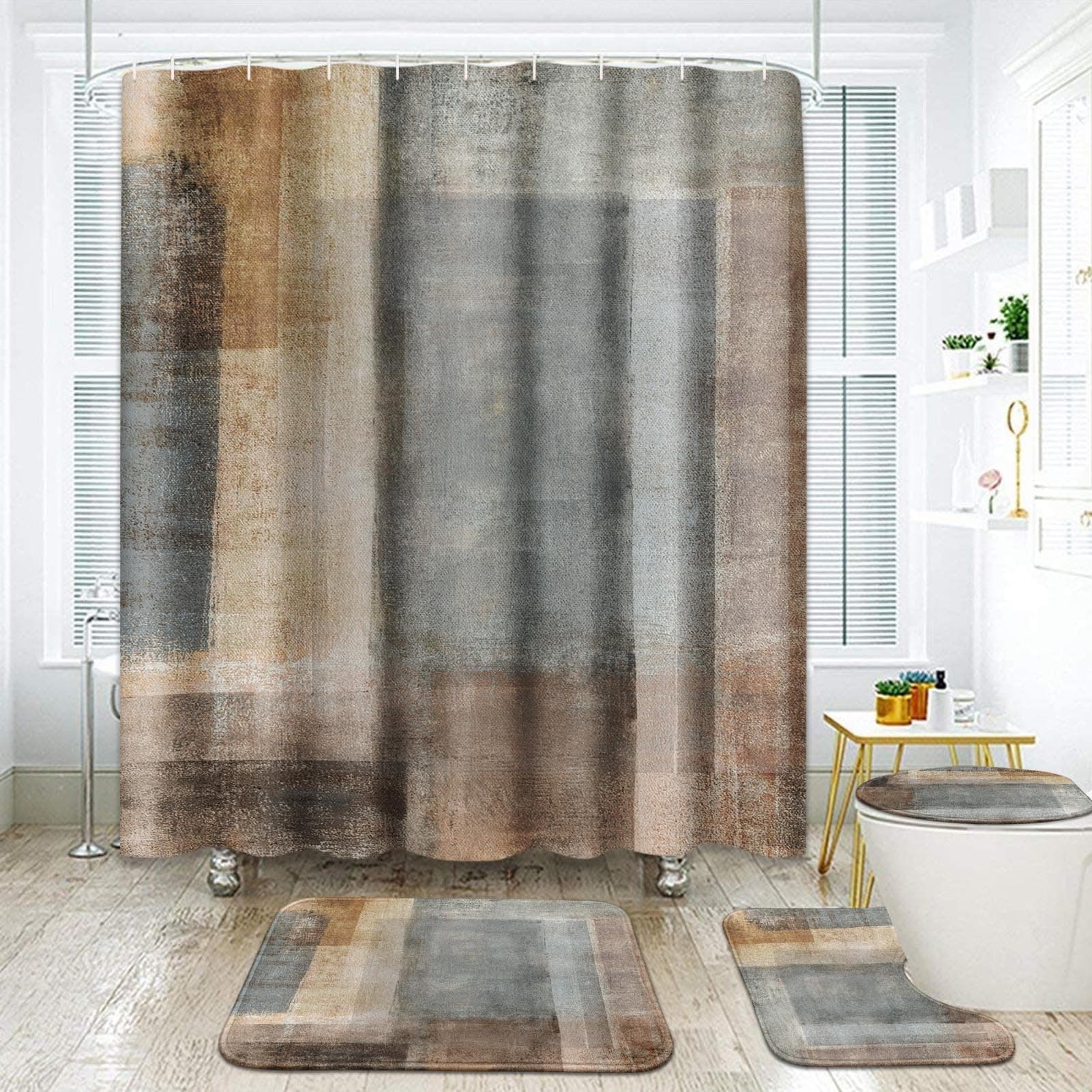 ArtSocket Beige Grey Abstract Bathroom Set with Shower Curtain and Rugs Accessory, Painting Brown Abstract Shower Curtain for Bathroom Decor 4 Pcs