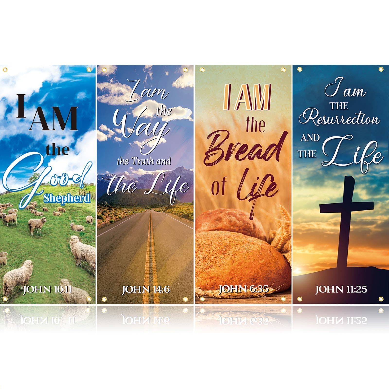 FuWeave 4 Pcs Church Banners with Scripture- I Am The Good Shepherd/way/bread/resurrection for Sanctuary Wall, Christian Praise Worship Bible Signs for Religious Festivals, Church Event, Prayers