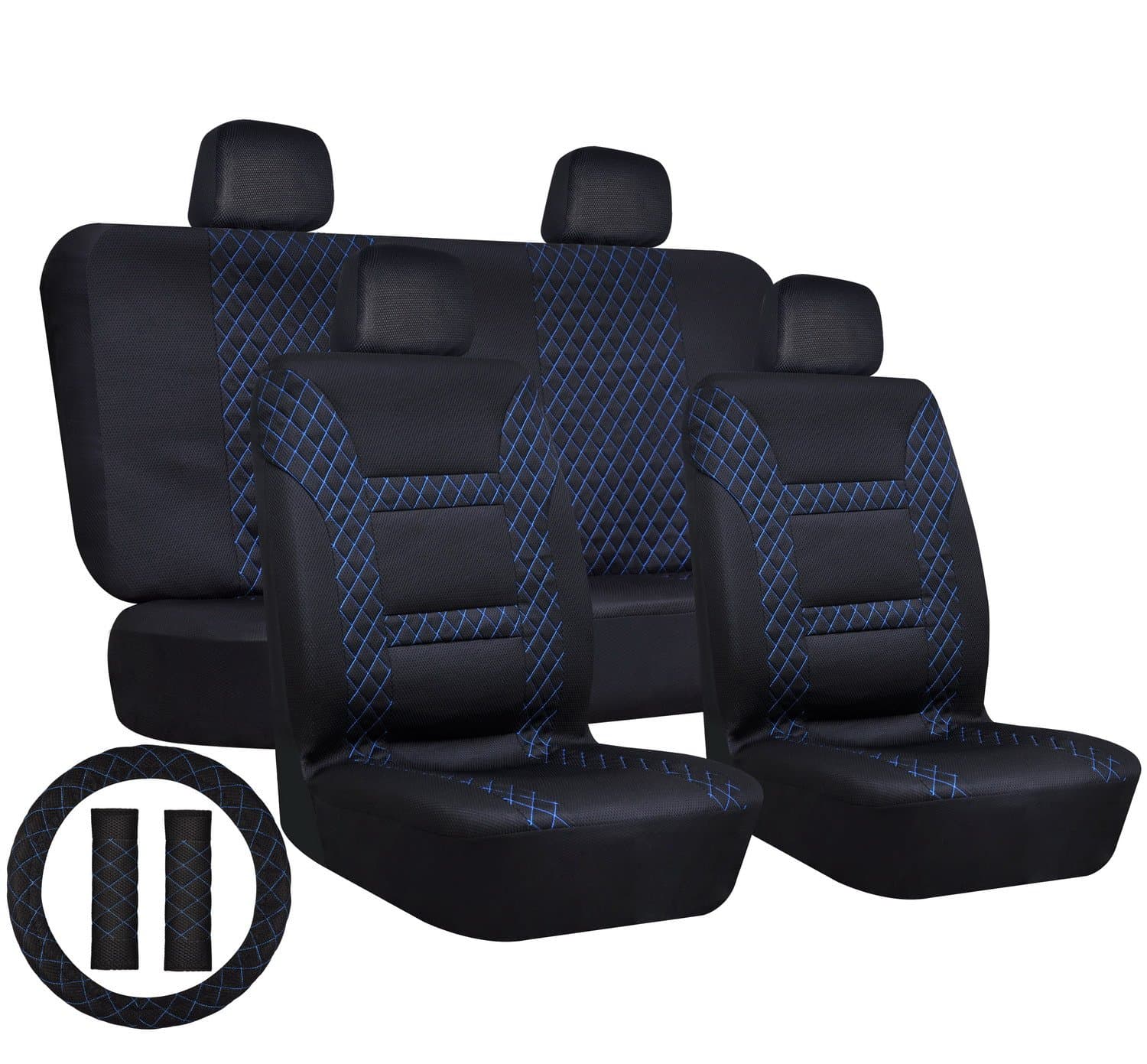Full Car Seat Cover Universal Cover Breathable Durable Practical Car Seat Protector Cover Detachable Headrests and Solid Bench Black & Blue