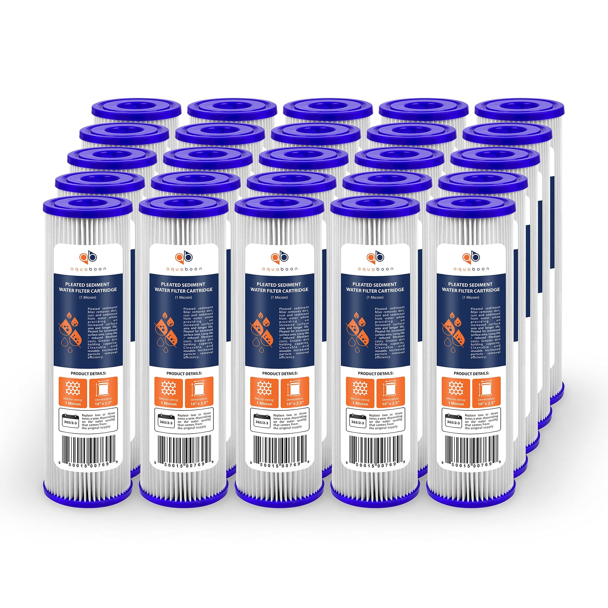 Aquaboon 1 Micron Pleated Water Filter 10 x 2.5 - Whole House Sediment Filter Replacement Cartridge Compatible with WFPFC3002, WHKF-WHPL, 25-Pack
