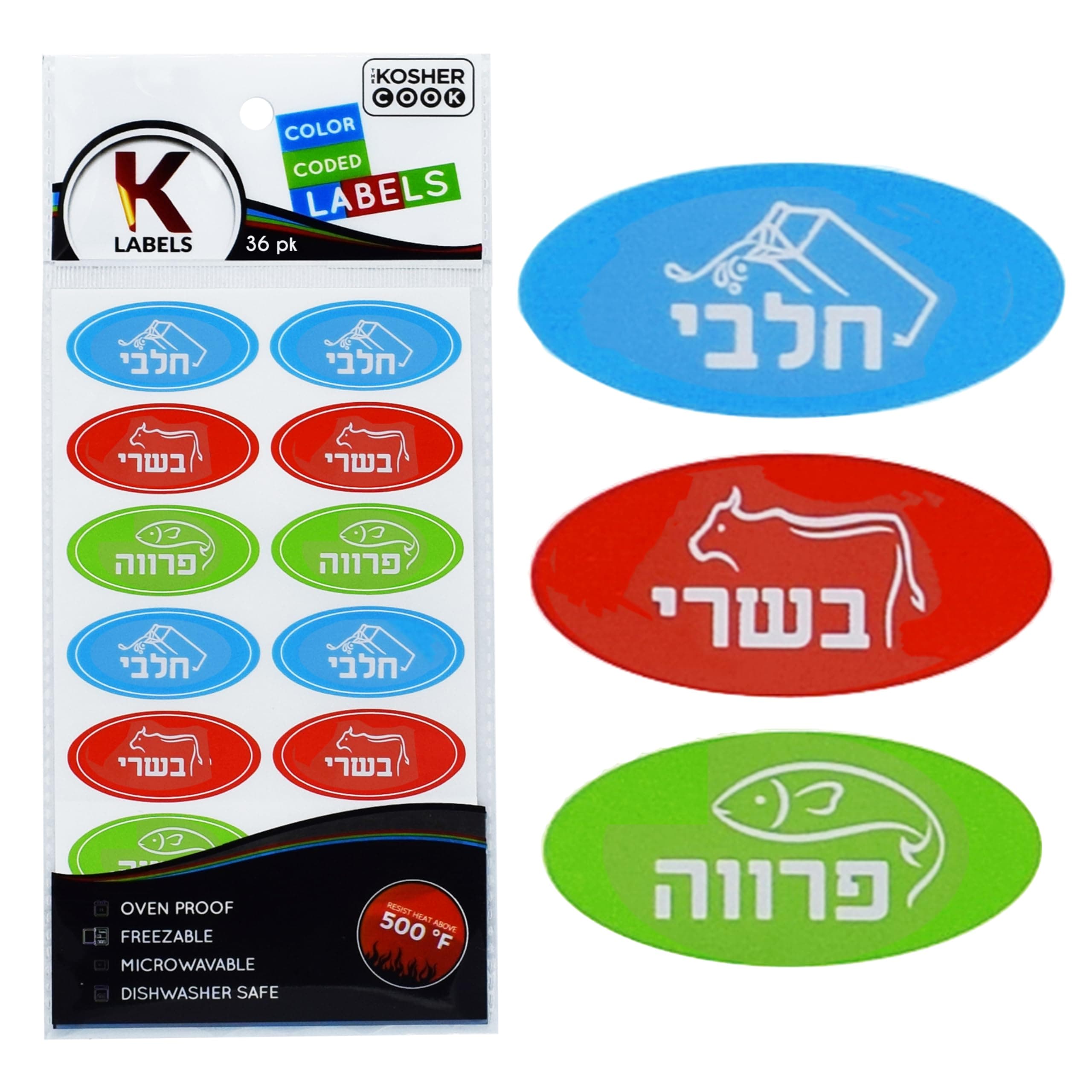 36 Assorted Kosher Labels - 12 Blue Dairy, 12 Red Meat, 12 Green Parve Stickers -Oven Proof up to 500°, Freezable, Microwavable, Dishwasher Safe, Hebrew - Color Coded Kitchen Tools by The Kosher Cook