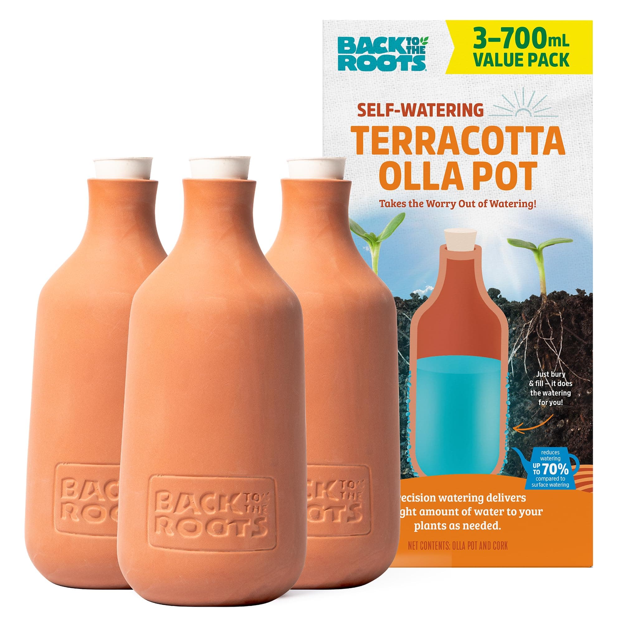 Back to the Roots Self-Watering Terracotta Olla Pot (Pack of 3), 700mL Provides 1 Week of Precision Watering