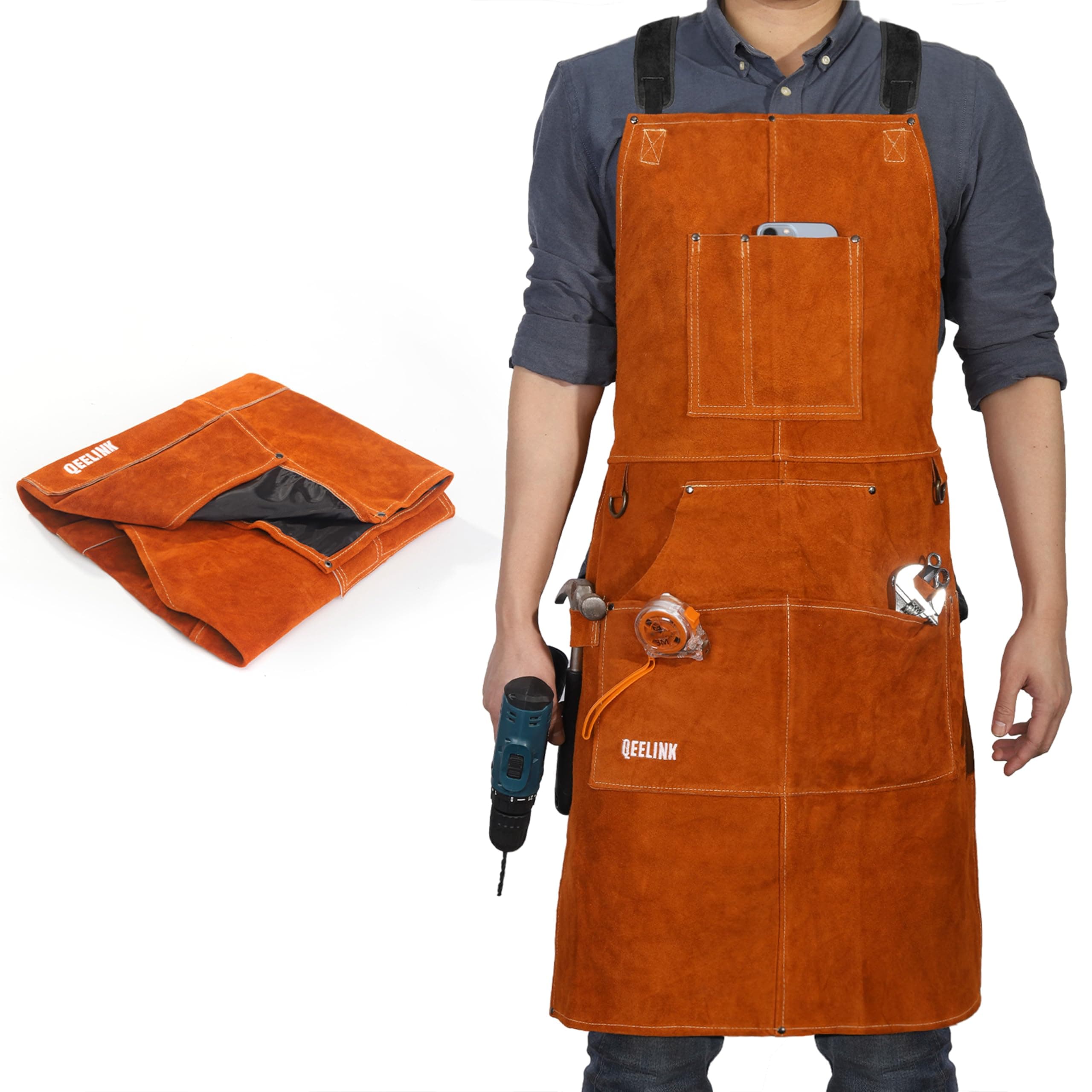 QeeLink Welding Apron, Genuine Leather, Work Apron, 6 Pockets, X-Shaped Bib Apron, Adjustable from M to XXXL for Men and Women, Work Apron