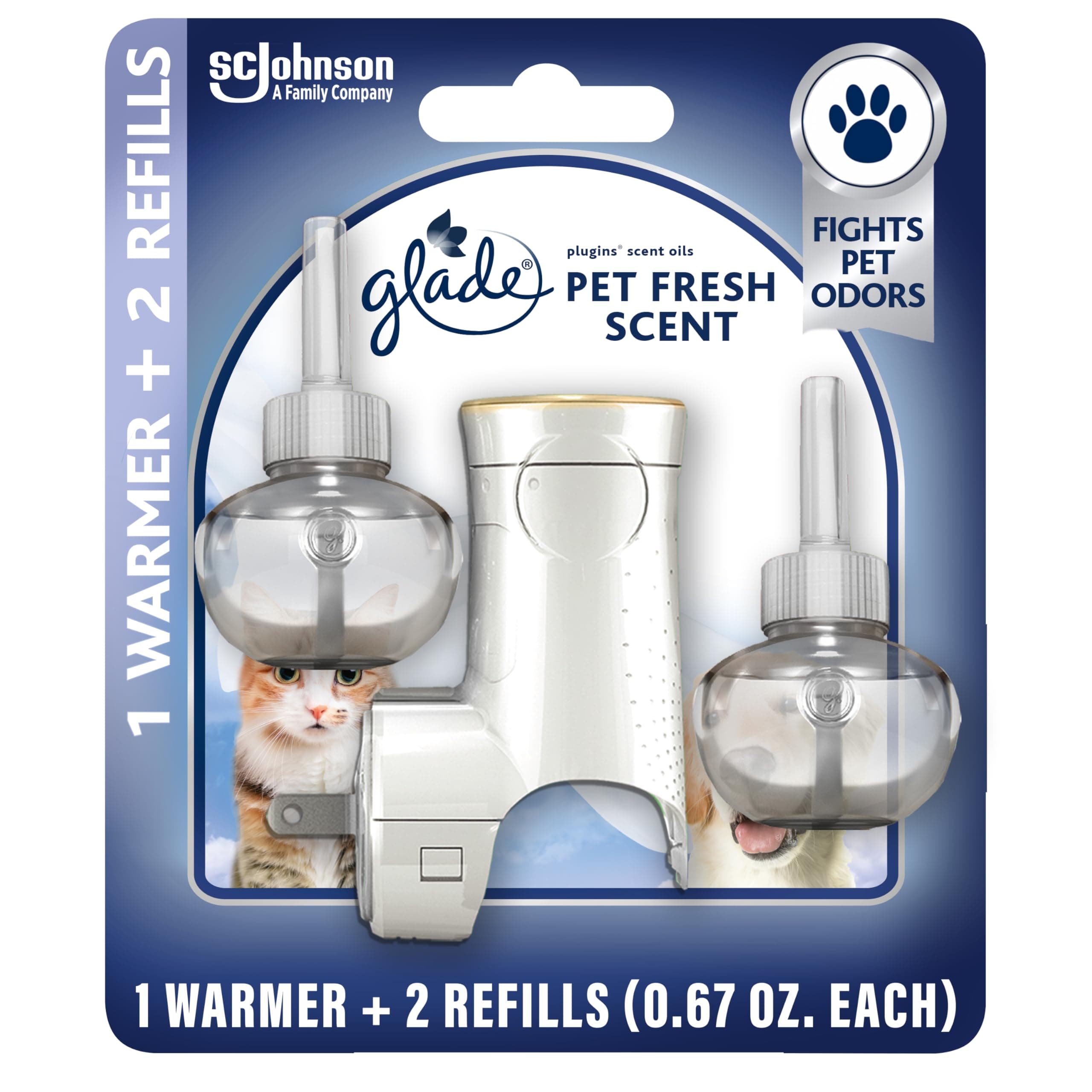 Glade PlugIns Refills Air Freshener Starter Kit, Pet Fresh Scent, Scented and Essential Oils for Home and Bathroom, 0.67 Fl Oz, 1 Warmer + 2 Refills