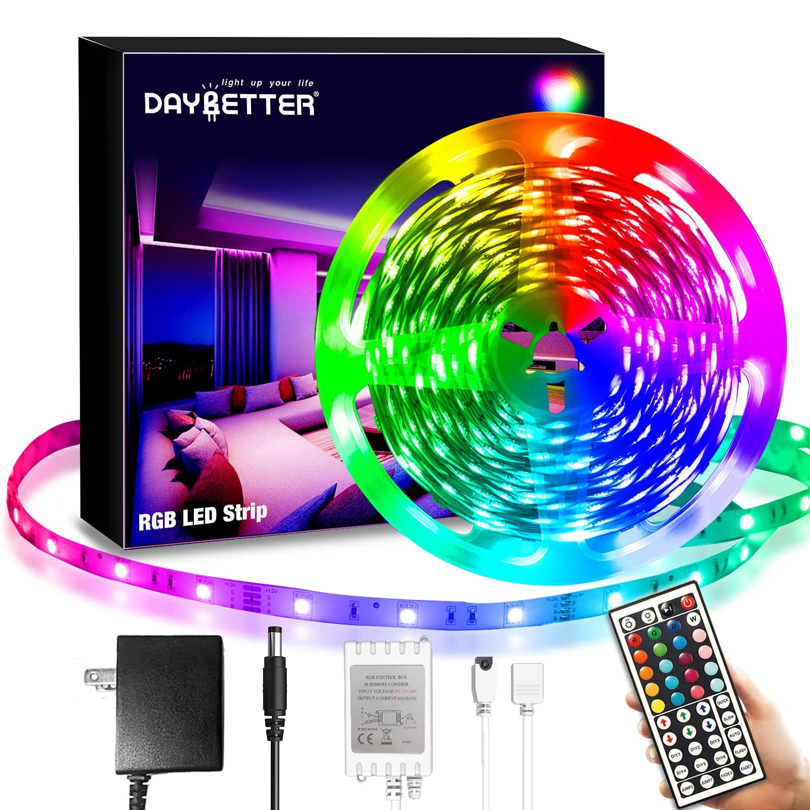 DAYBETTER SMD 5050 Remote Control Led Strip Lights 20ft, RGB Color Changing Led Strip with Remote Control for Room, Bedroom, Suitable for Home Decor, Living Room, Kitchen, Home Party Decoration, 24V