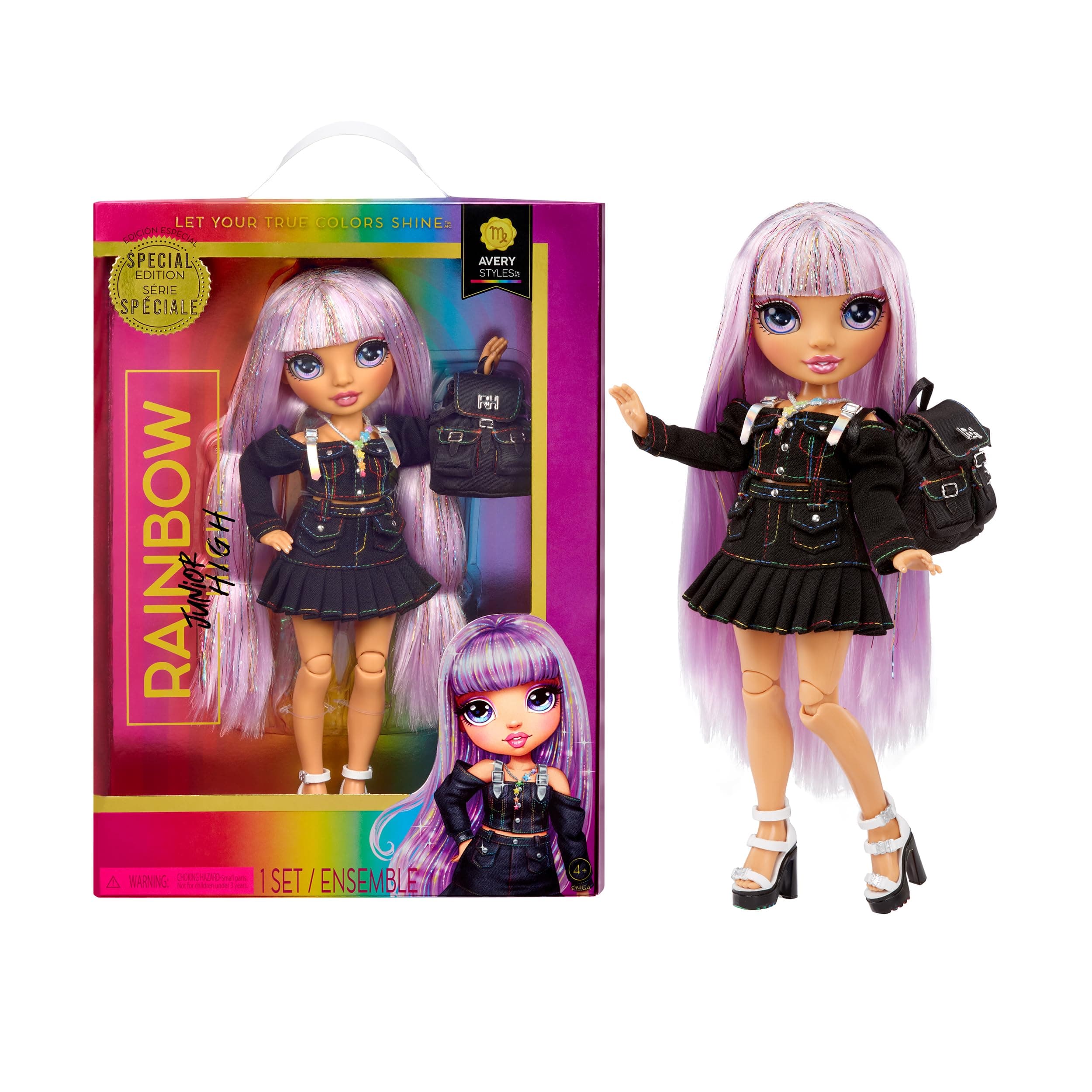Junior High Special Edition - AVERY STYLES - 9''/22.86cm Rainbow Shimmer Hair Posable Fashion Doll with Accessories and Open/Close Soft Backpack - Great Toy Gift for Kids Ages 4-12