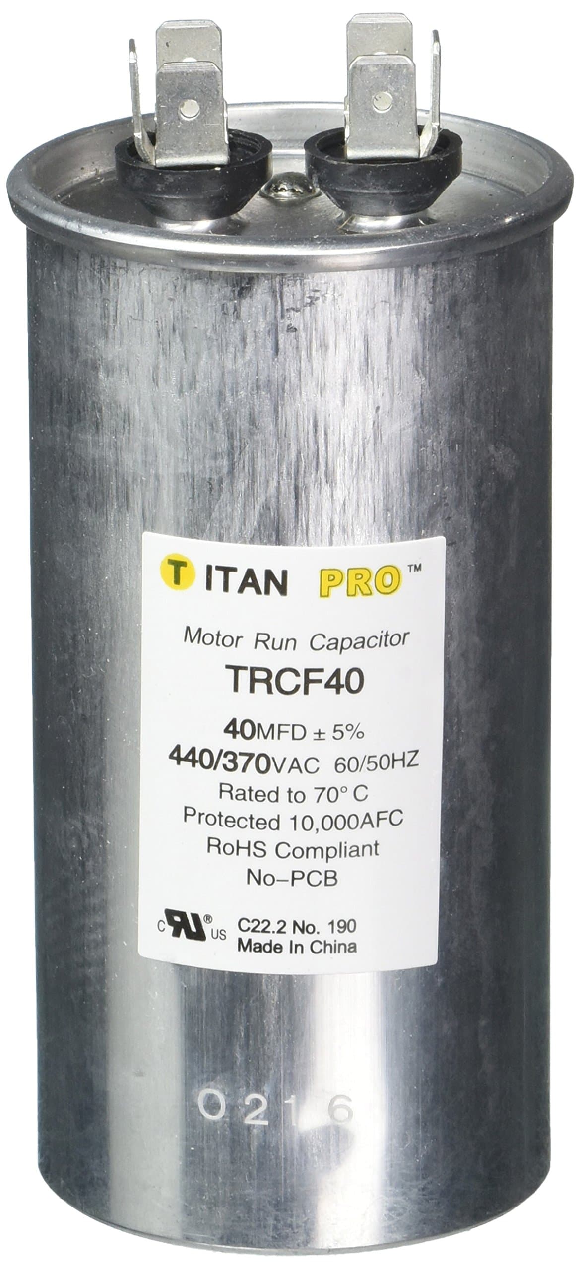 TITAN PRO Motor Run Capacitor, 40 MFD, Round, Aluminum