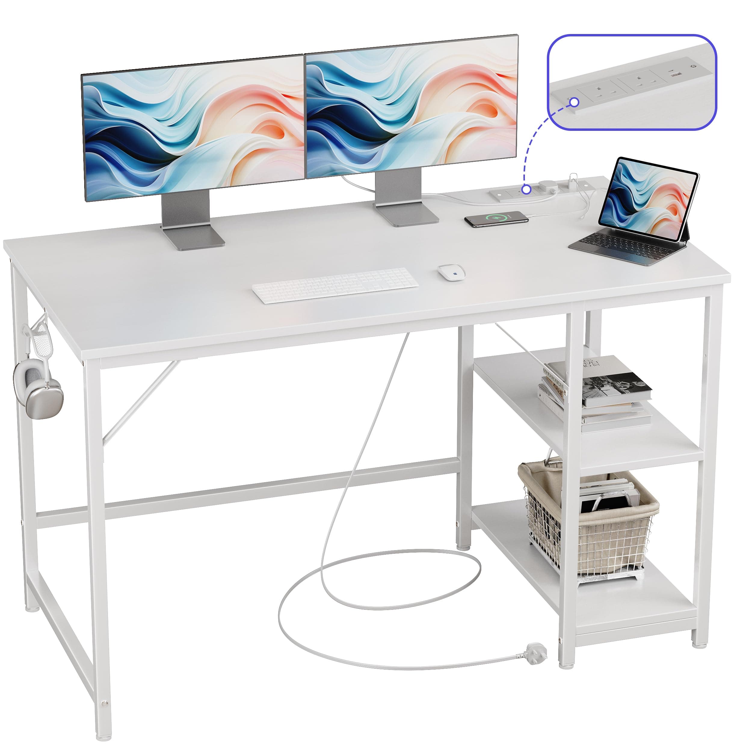 JOISCOPE Computer Desk, 120cm Office Desk With Power Outlets, USB & Type-C and 2 Shelves, Modern White With Hook, Study Table for Writing, Small for Bedroom Home Office