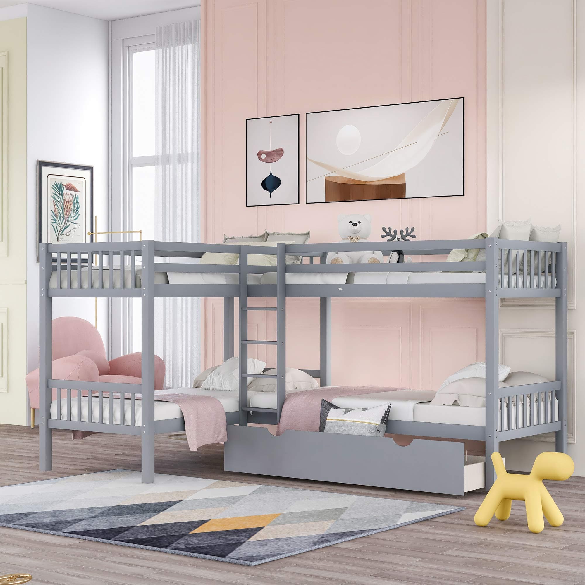 Morhome L Shaped Bunk Bed for 4,Twin Over Twin Bunk Bed with Drawer and Built-in Middle Staircase,Saving Space,No Box Spring Needed,Twin Size Wooden Bunk Bed for Kid