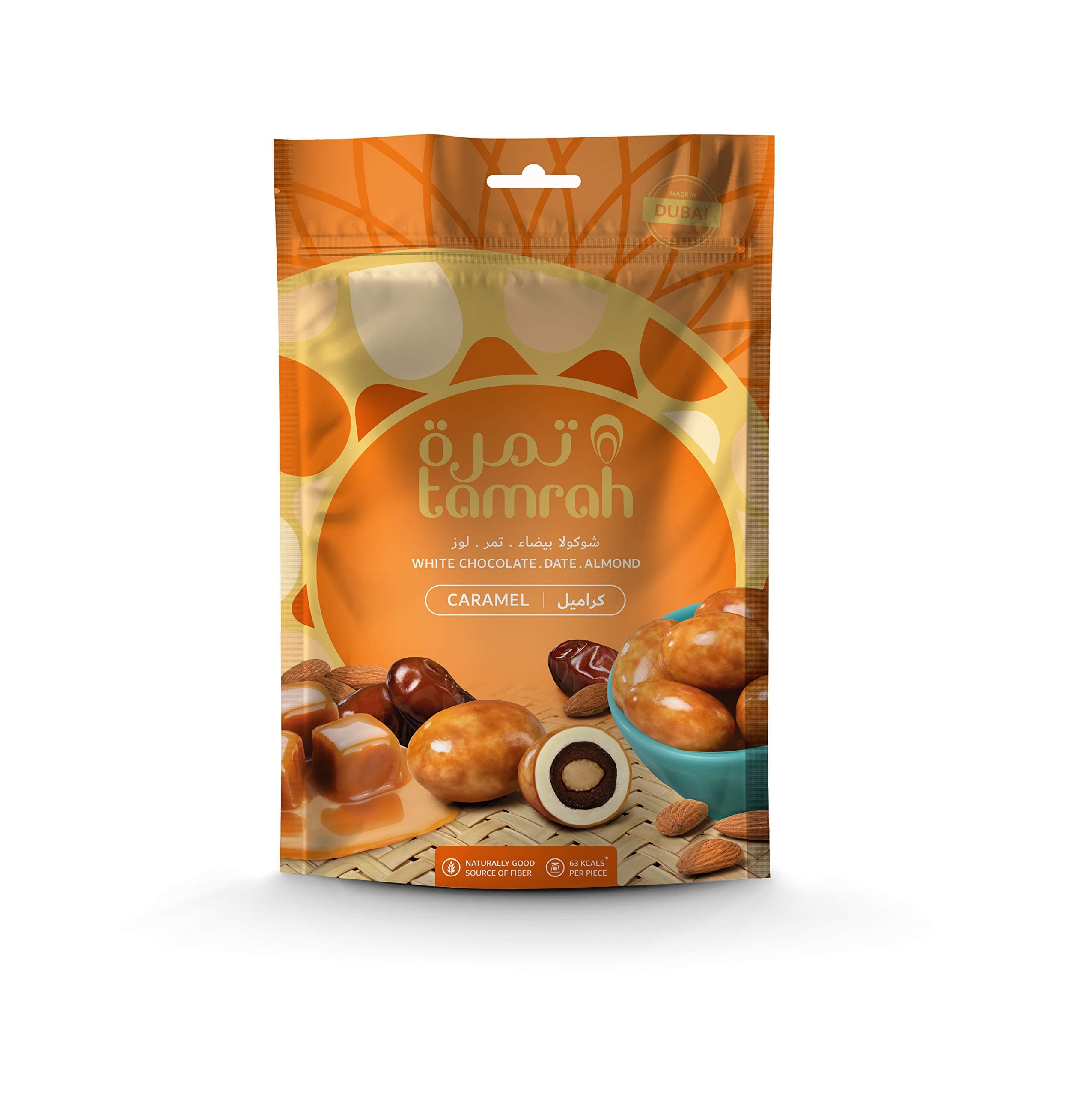 Tamrah Caramel Chocolate Dates and Almonds Zipper Bag 100gm. Ideal for Sharing, Gifting, Kids’ chocolate, Perfect for any Occasion.