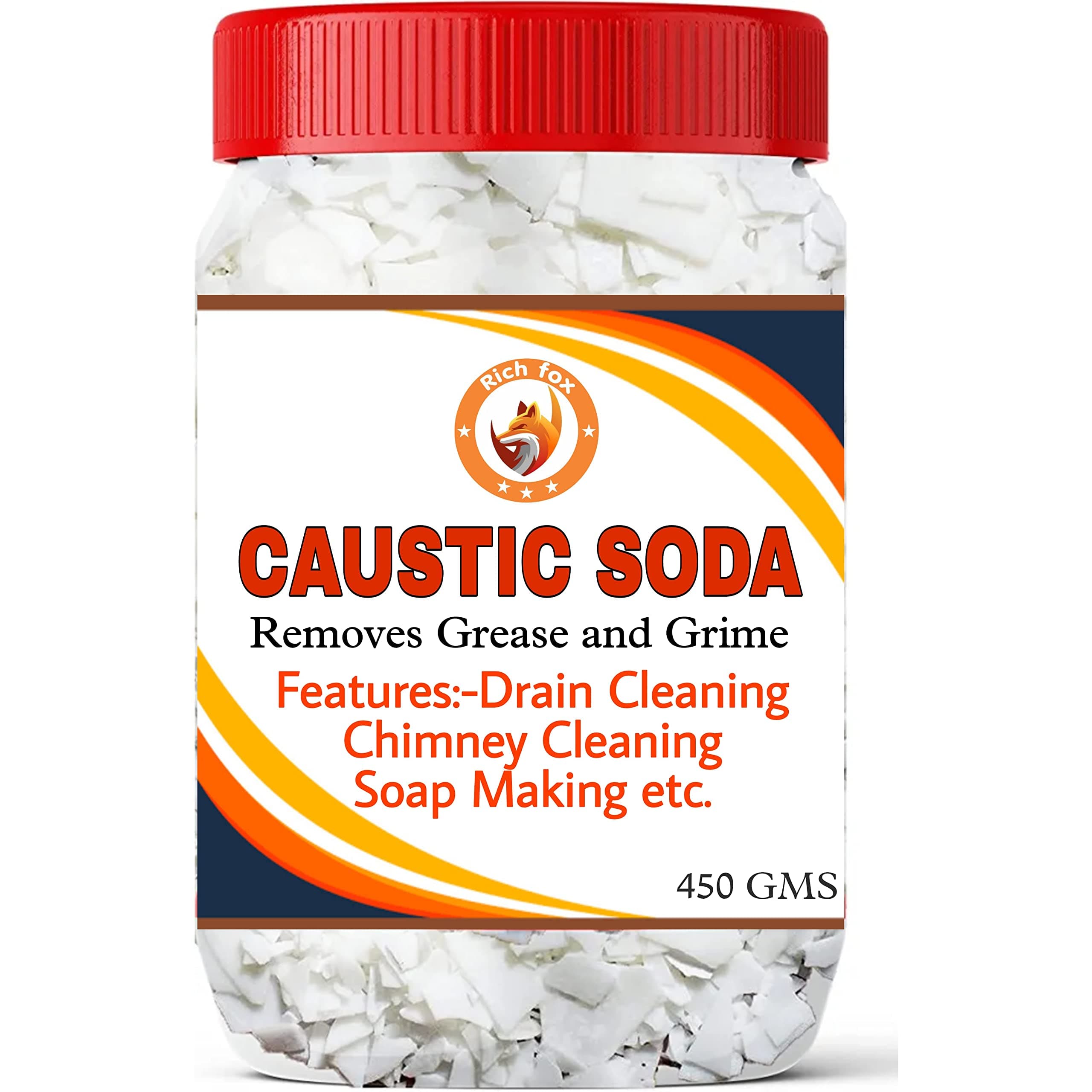 RICH FOX® Caustic Soda for Soap Making, Drain Cleaning, Chimney Cleaning– Fast-Acting Formula to Clear Blockages Instantly – Best Chimney & Drain Cleaner Flakes and Soap Making Flakes-450 Grams