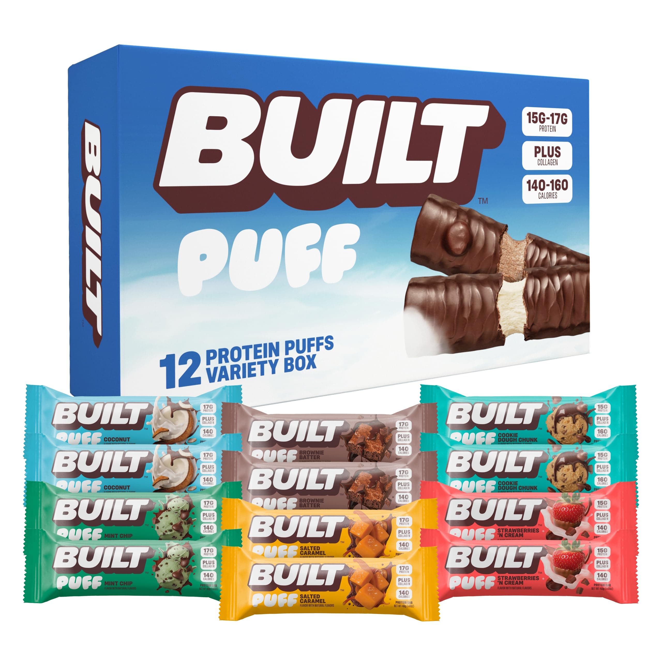 BUILT Bar Puff Protein Bars - Variety Pack - 15-17g Protein Snack Bar with Collagen - Calorie Awareness & Gluten Free - 12 Count Variety May Vary