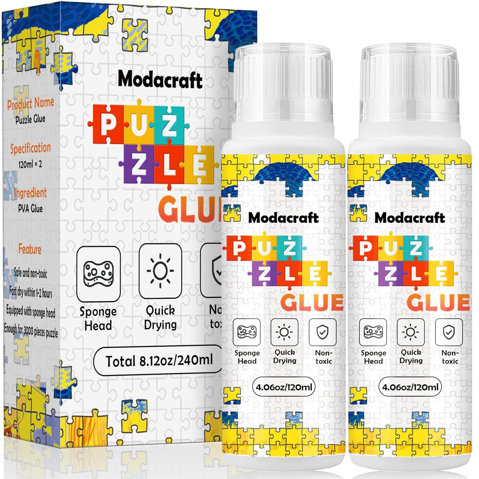 - 2 Pack 120ml Jigsaw Puzzle Glue with New Sponge Head, Suitable for 1000/3000/5000 Pieces of Paper and Wood Puzzle, Clear Water-Soluble Quick Dry Jigsaw Puzzle Glue, 240ml in Total