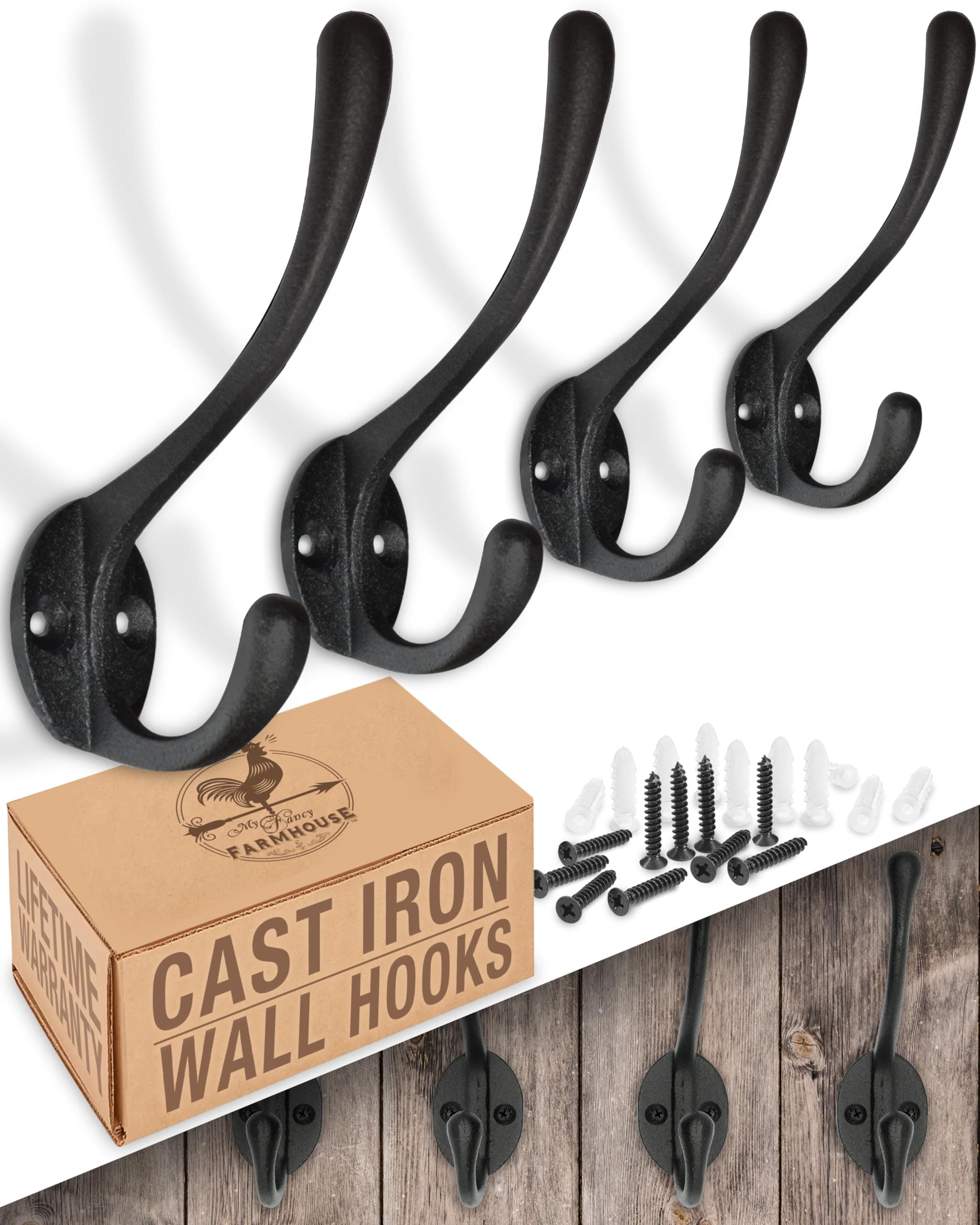 My Fancy Farmhouse Rustic Cast Iron Coat Hooks (4 Pack) Handmade Wall Mounted, Decorative, Wall Hooks for Hanging Coats, Bags, Hats, Towels (Black, Includes Hardware)