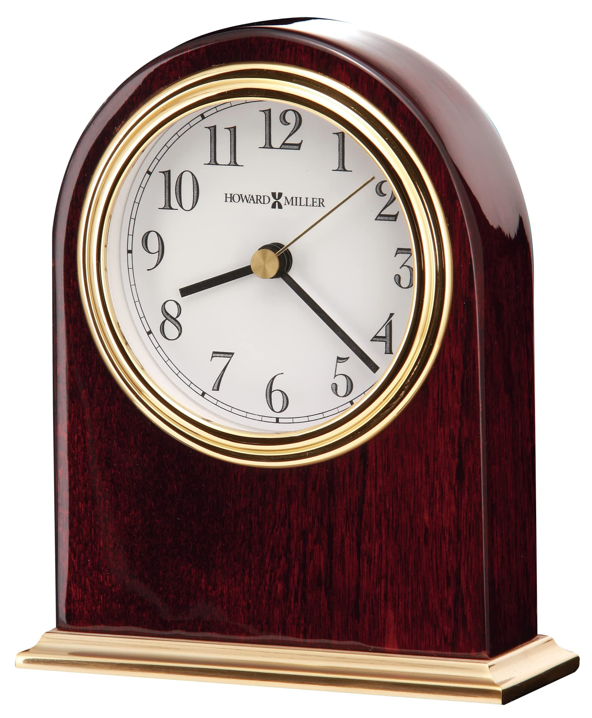 Monroe Table Clock 645-446 – Modern Home Decor, Arch Shaped Clock, High-Gloss Rosewood Hall Finish with Brass Finished Metal Base, Quartz Movement