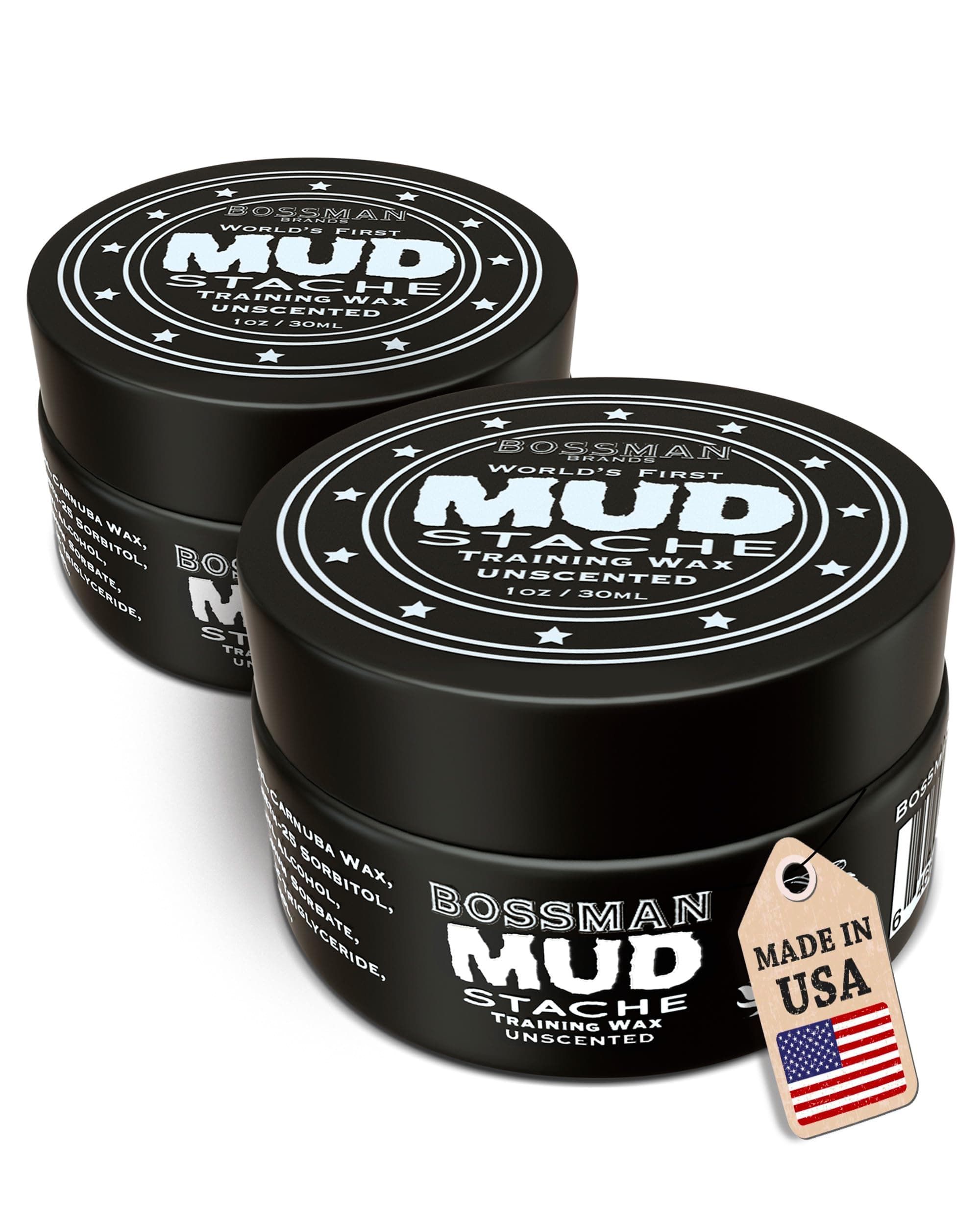 Bossman MUDstache Unscented Mustache Wax for Men (2 oz) - 2 Pack - Strong 24-Hour Hold, Non-Tacky & Easy to Apply for Taming & Styling