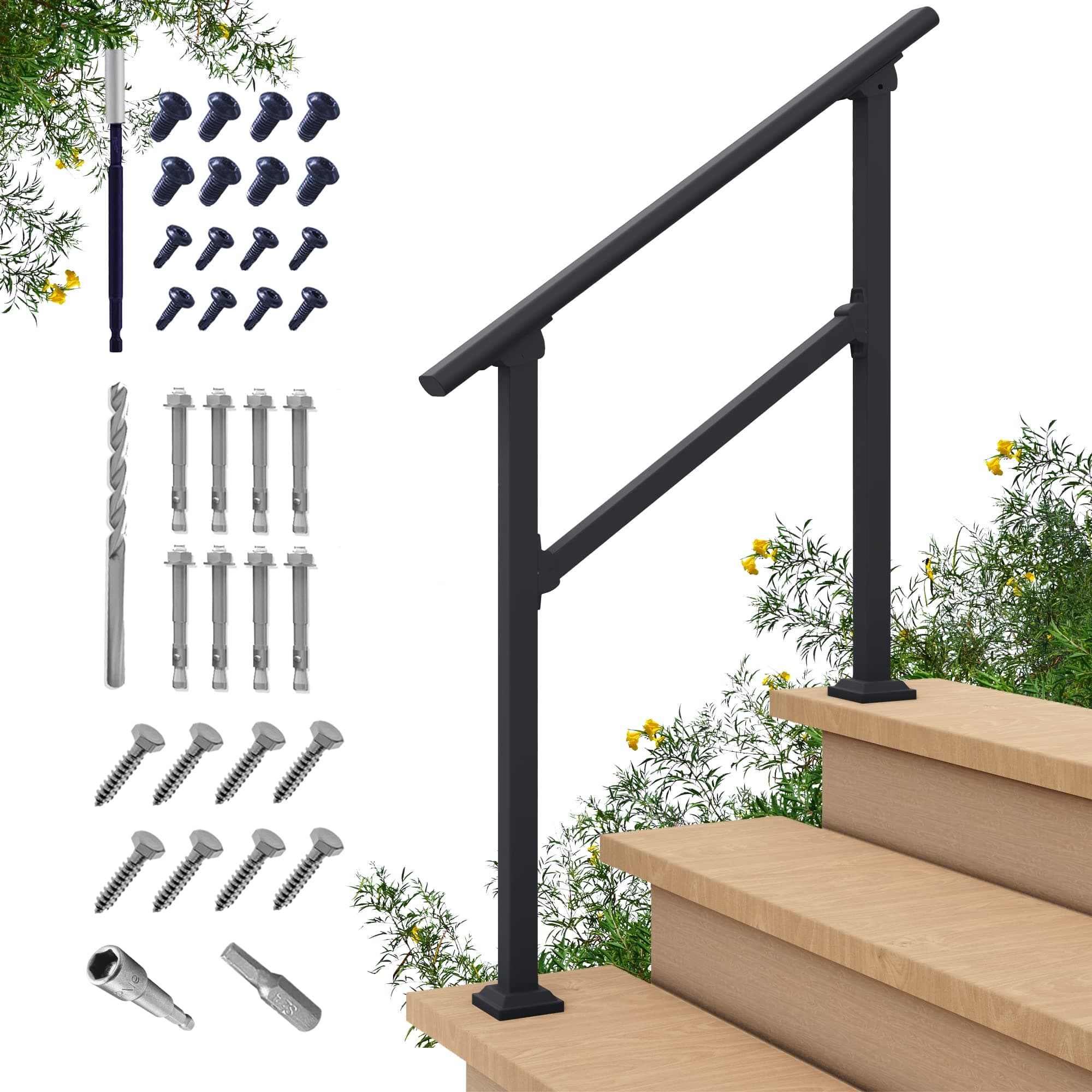 3 to 4 Steps Outdoor Hand Rails for Steps, Black Wrought Iron Handrail Kit