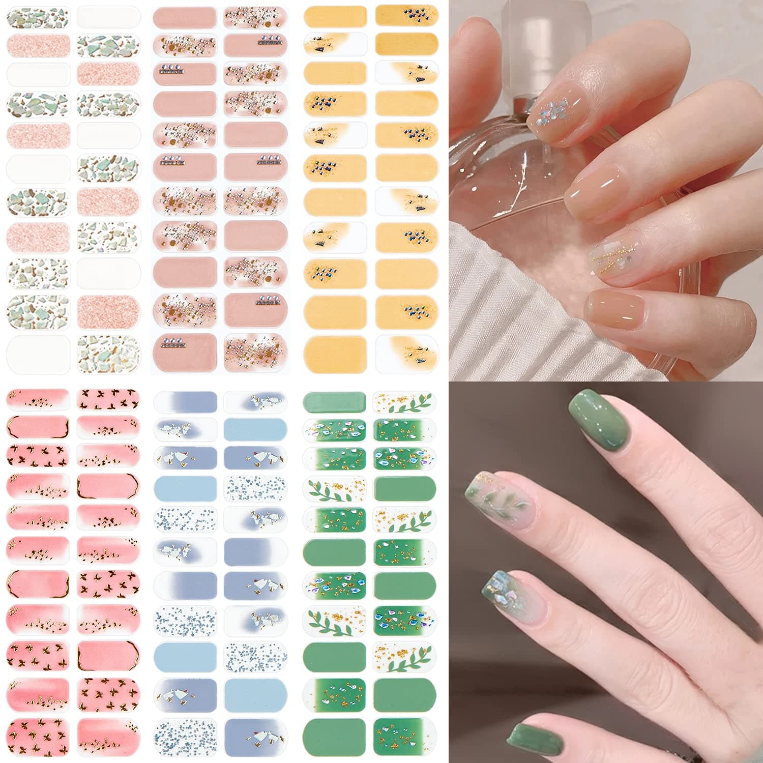 Nail Stickers 6 Sheets x 22 Pieces Full Wraps Nail Polish Strips, Self-Adhesive Gel Nail Art Decals for Women Girls