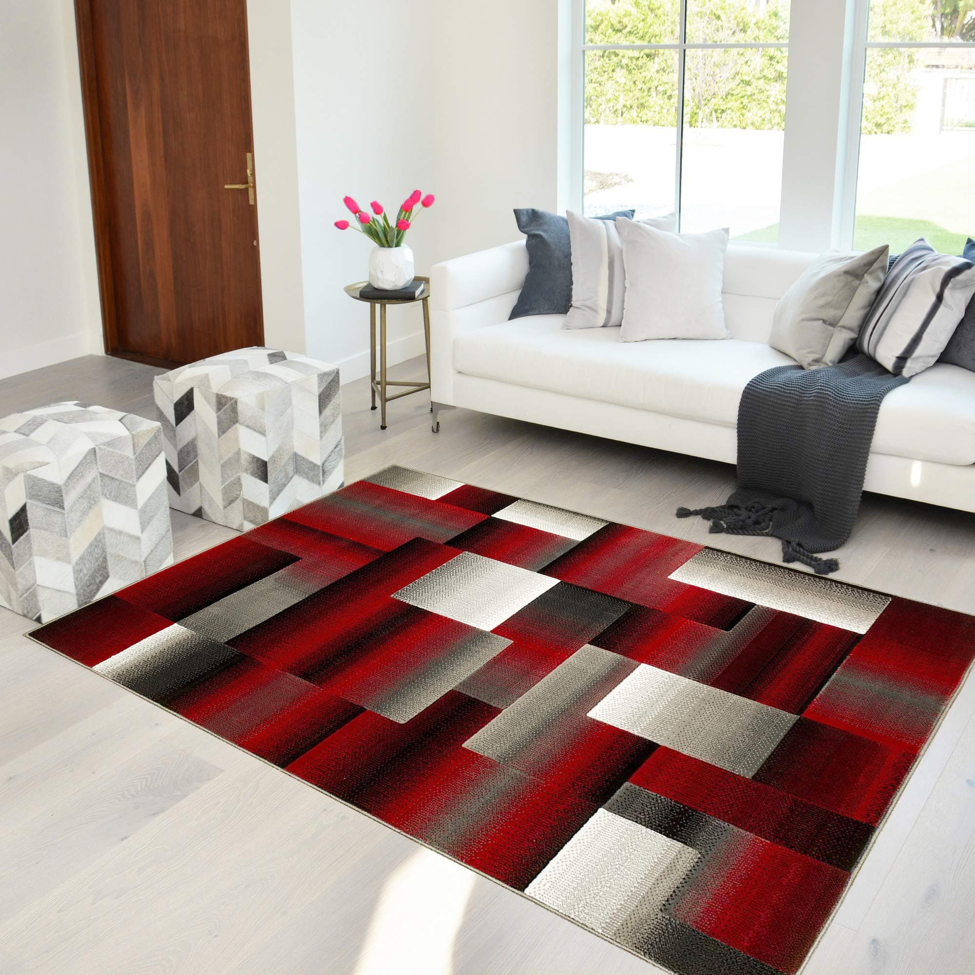 HR 8’ x 10’ Rug in Red - Premium Quality Red/Black/Gray Abstract Geometric Modern Squares Pattern Area Rug - Contemporary Styling for Living Room, Bedroom - Unique Home Décor