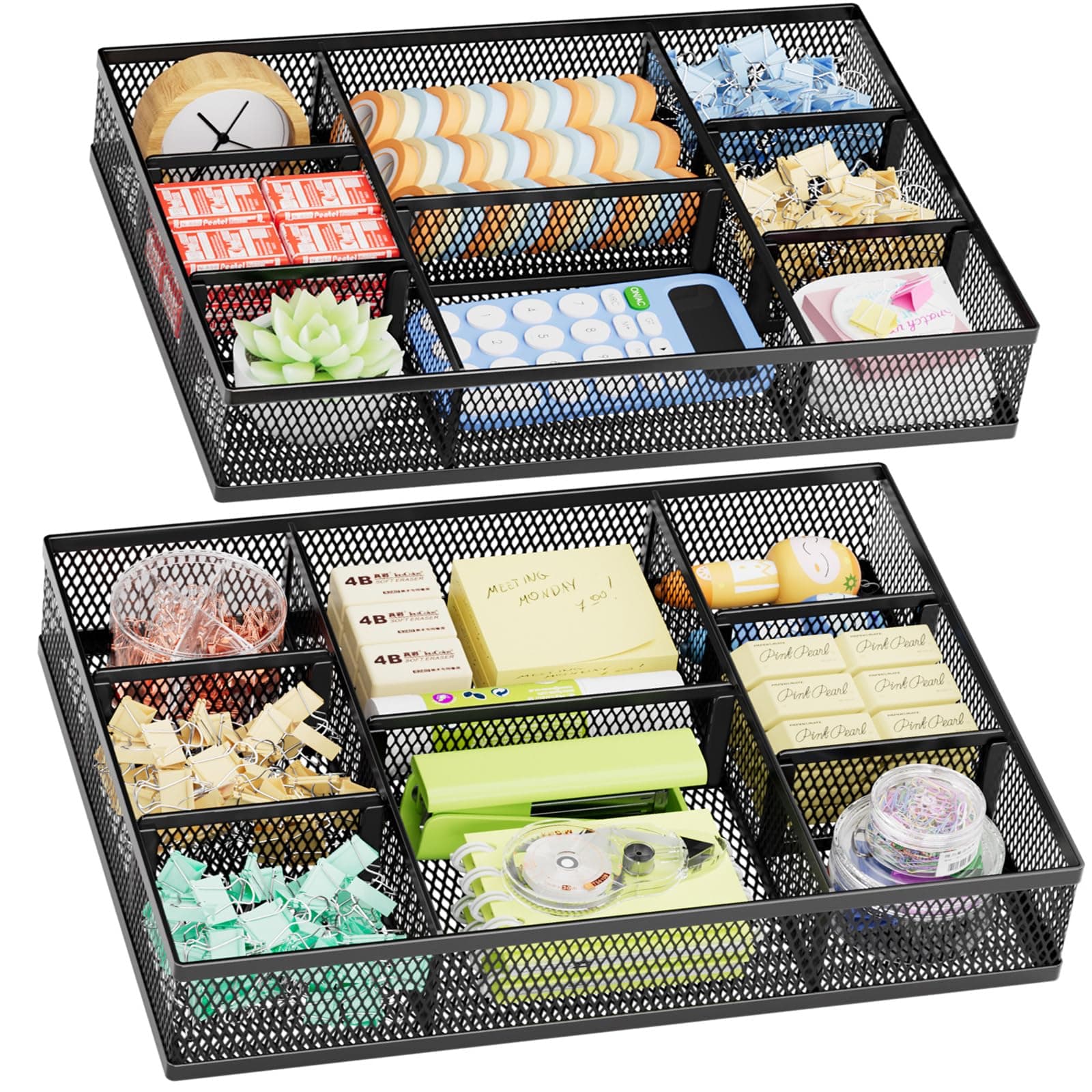 Marbrasse 2 Pack Desk Drawer Organizer, Mesh Drawer Organizer Tray with 8 Adjustable Compartments, Desk Organizers and Accessories, 5 Dividers Drawer for Office Supplies, Makeup & Vanity (Black)