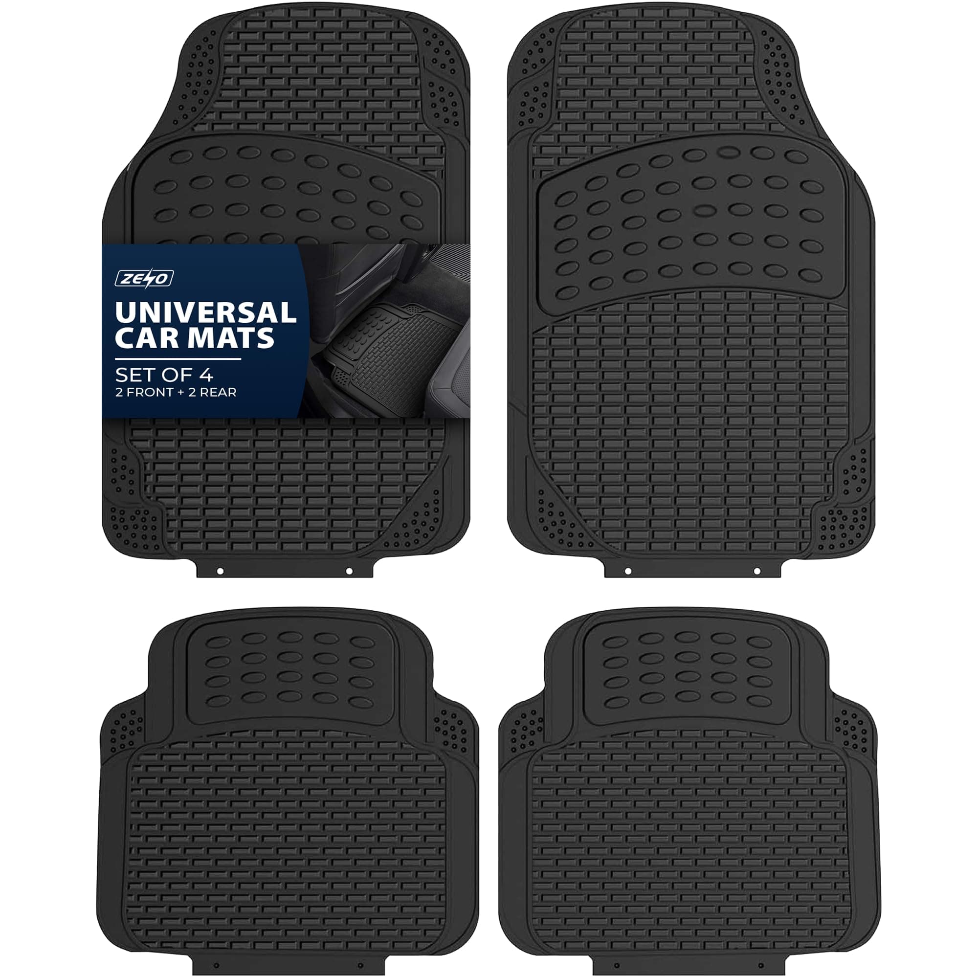 ZENO Universal Rubber Car Mats 4 Piece (Front + Rear) | Non-Slip Car Floor Mat | Heavy Duty Car Floor Mat for Cars SUV Truck and Vans | Water Proof & Easy To Clean