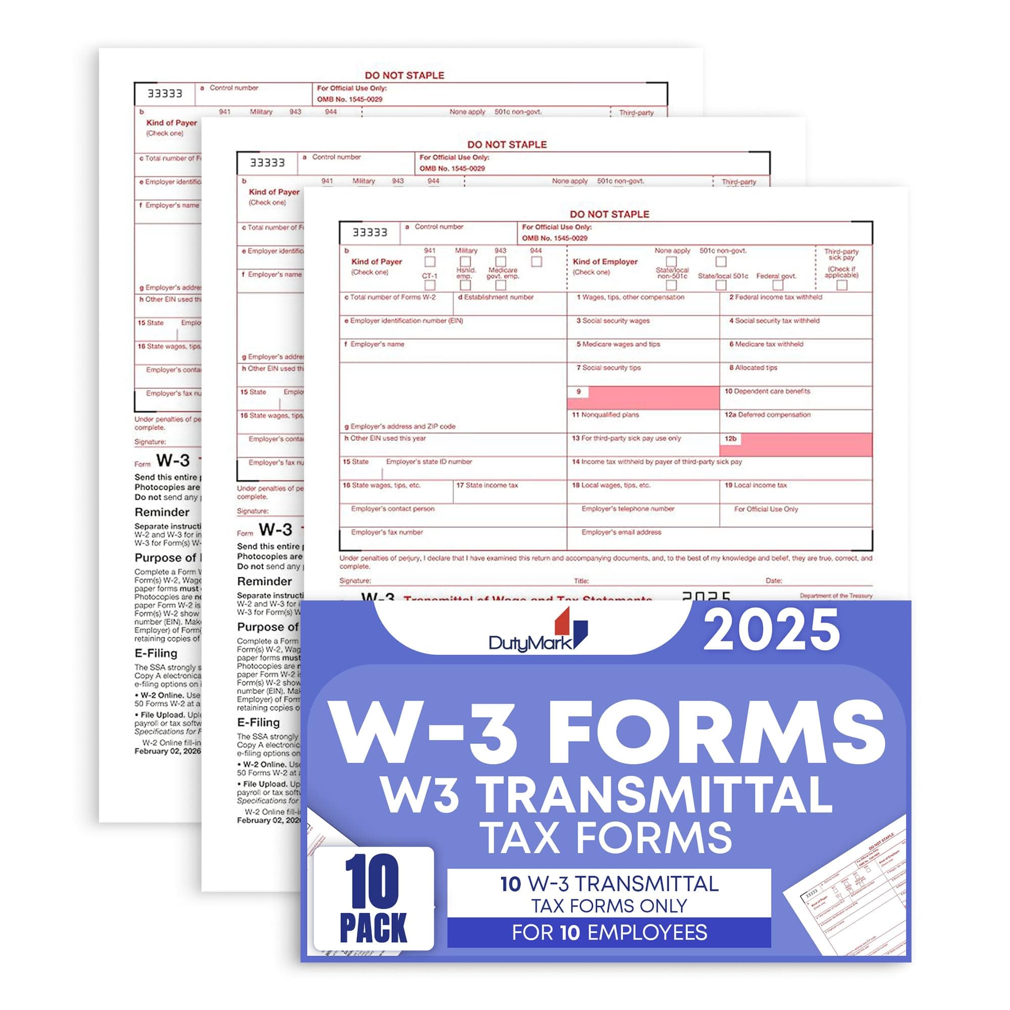 W3 Transmittal Forms 2025, Pack of 10 W3 Laser Forms Summary for Transmittal of Wage and Tax Statements, W3 IRS Approved,W-3 Forms Designed for QuickBooks and Accounting Software,10 Pack
