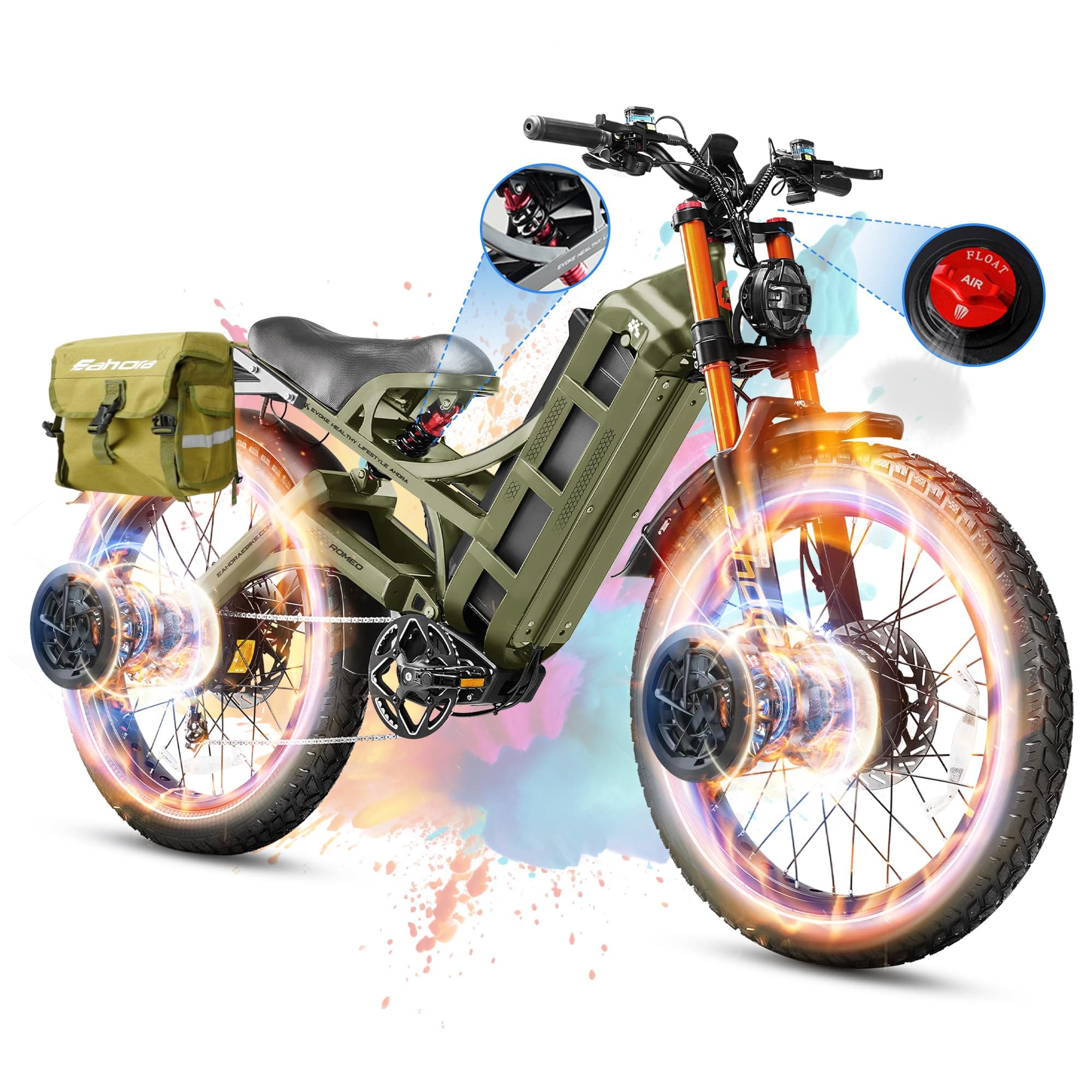 eAhora 2026 Romeo Pro 3/2 50-46Mph Electric Bike for Adults 5600W/4000W/2500W Dual Motor Ebike 60V/80Ah 52V/70Ah Long Range Fat Tire Full Suspension Electric Mountain Bicycle