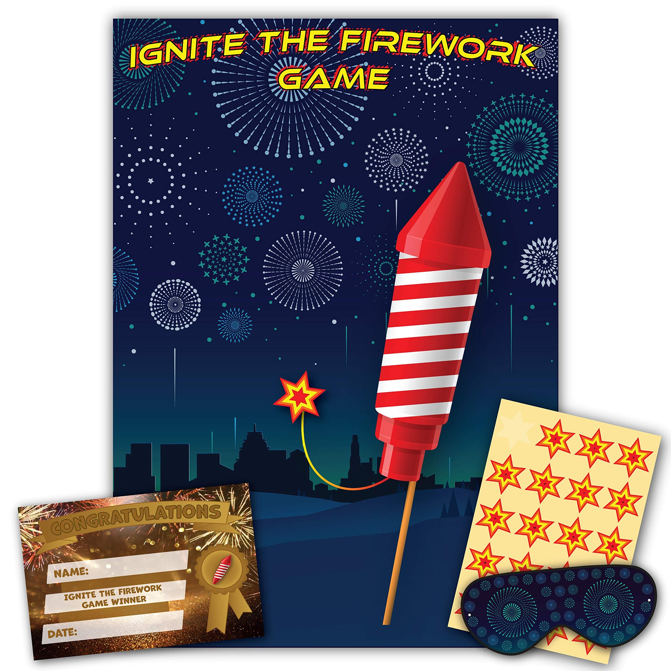 New Year Party – Bonfire Night Game – IGNITE THE FIREWORK GAME – 20 Player – Blindfold, Winner Certificate and XL Poster Included for New Years Eve Party, Bonfire Night Decoration