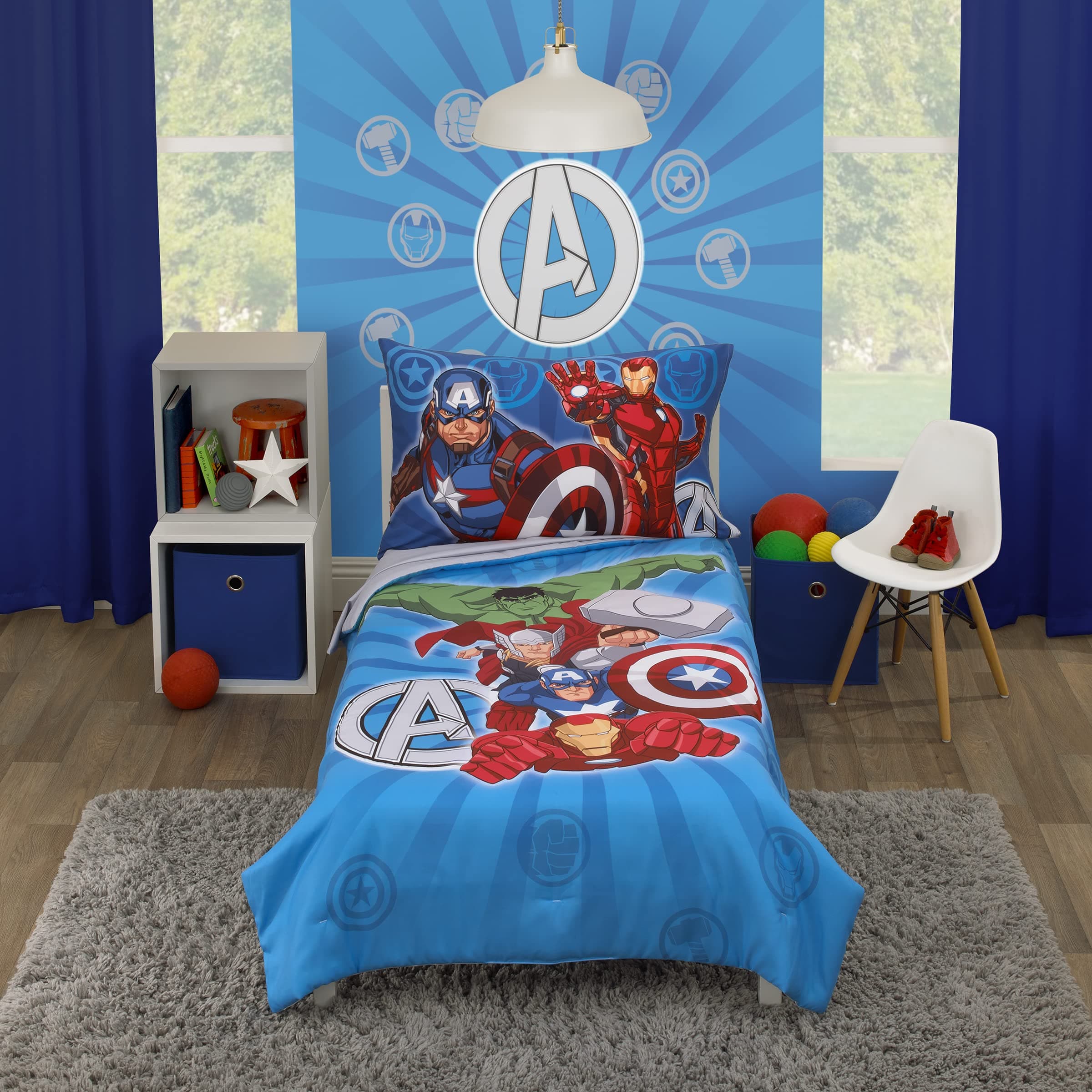 Disney Marvel Avengers Team Blue, Red, and Green Hulk, Captain America, Iron Man, and Thor 4 Piece Toddler Bed Set - Comforter, Fitted Bottom Sheet, Flat Top Sheet, and Reversible Pillowcase