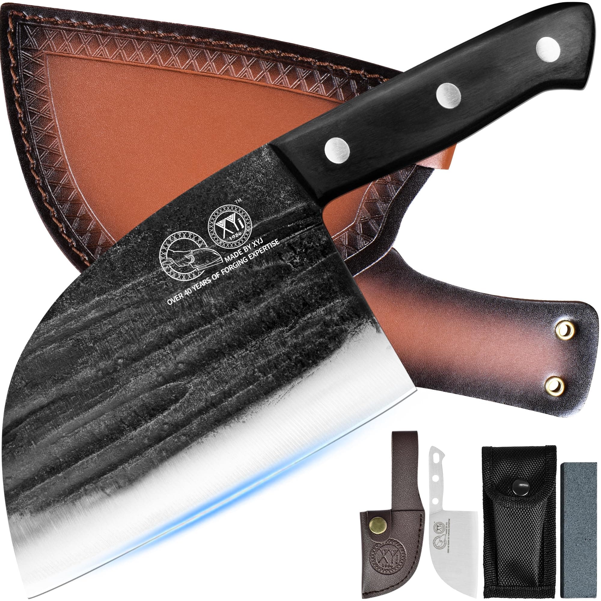 XYJ Authentic Since 1986,6 Inch Serbian Chef Knife With Sheath,Handmade Forged Ancient Outdoor Camping Kitchen Butcher Knife,Vegetable Cooking Meat Knives,Full Tang