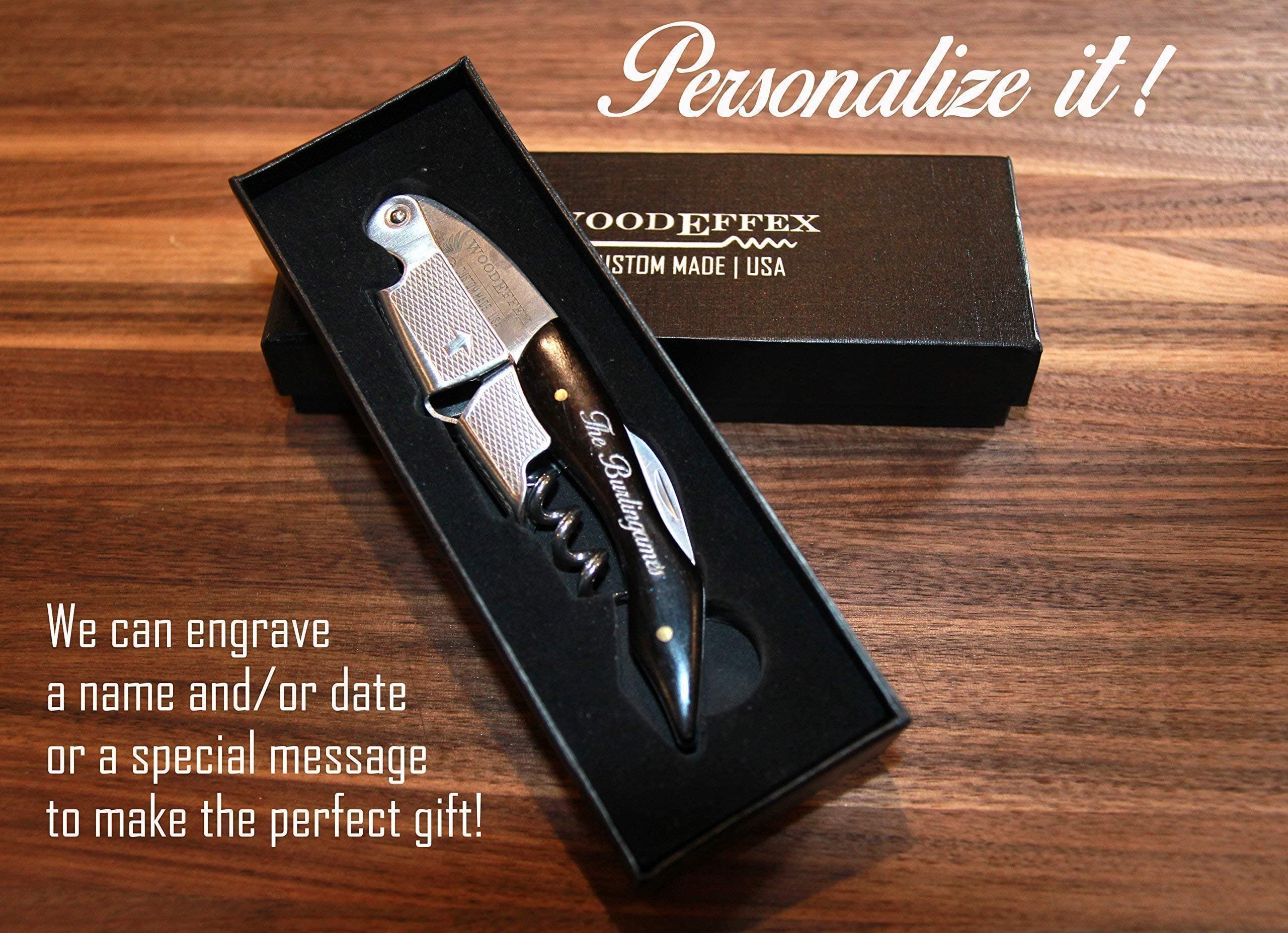 Personalized Waiters Corkscrew – Professional Grade Ebony or Rosewood All-in-one Corkscrew - Laser Engraved