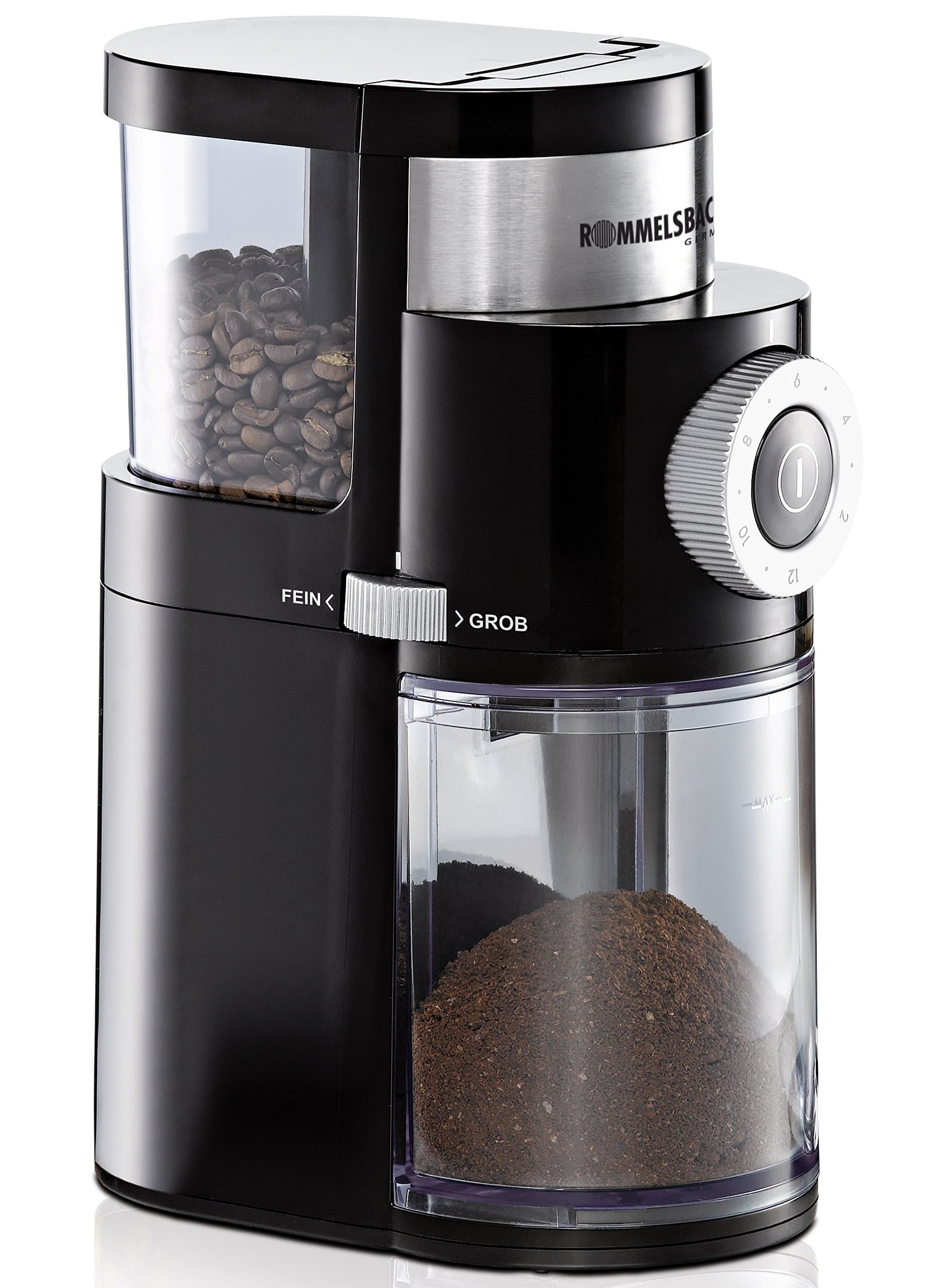 ROMMELSBACHER EKM 200 Coffee Grinder – Aroma-Saving Disc Grinder, Adjustable Grinding Level from Coarse to Fine, 2-12 Servings, Capacity Bean Container 250 g, 110 Watt, Black
