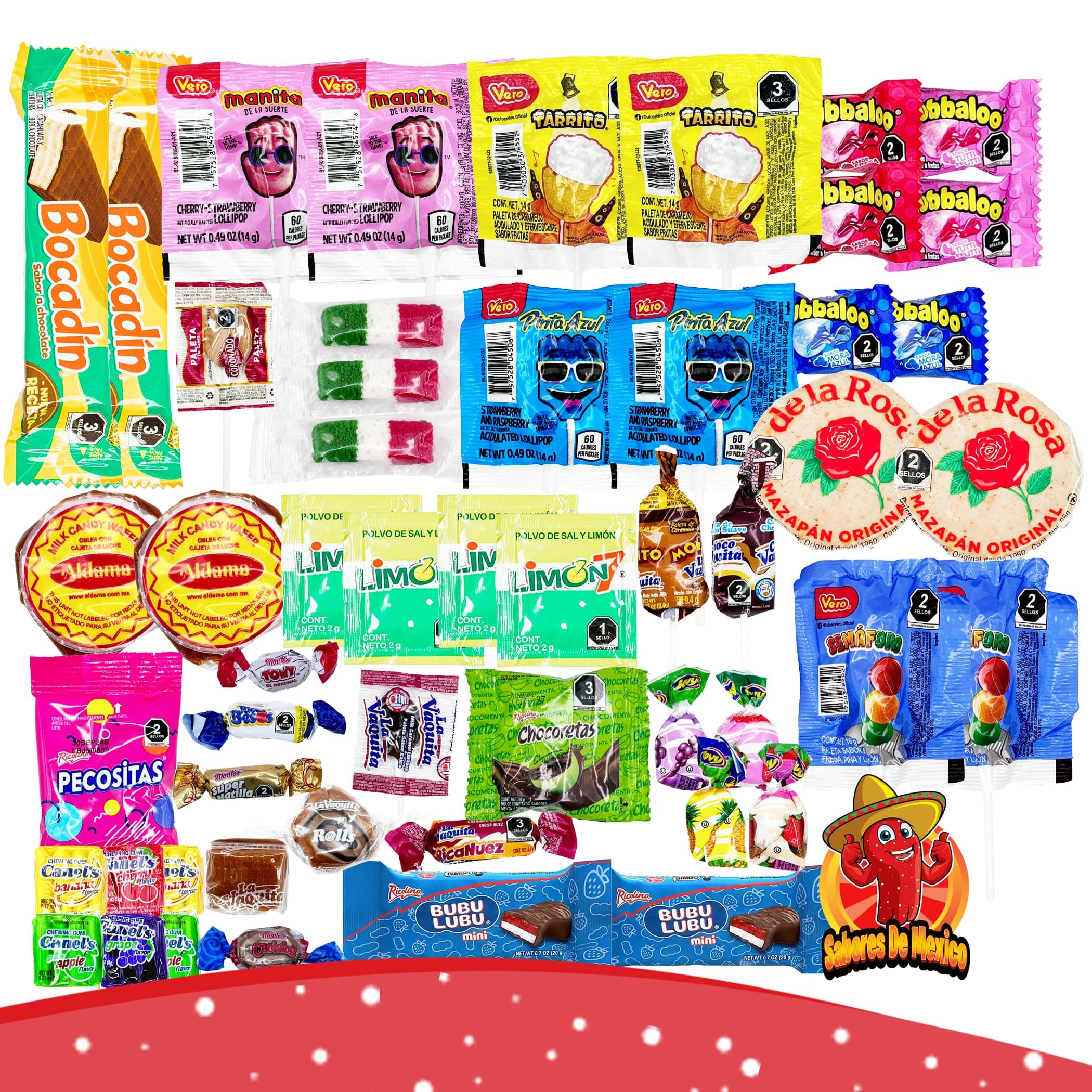 Mexican Candy Variety Pack (50 Count) Non-Spicy, Dulces Mexicanos, Mexican Snacks, with Obleas, Bubulubu, Vero Candy, Mazapan, by Sabores de Mexico