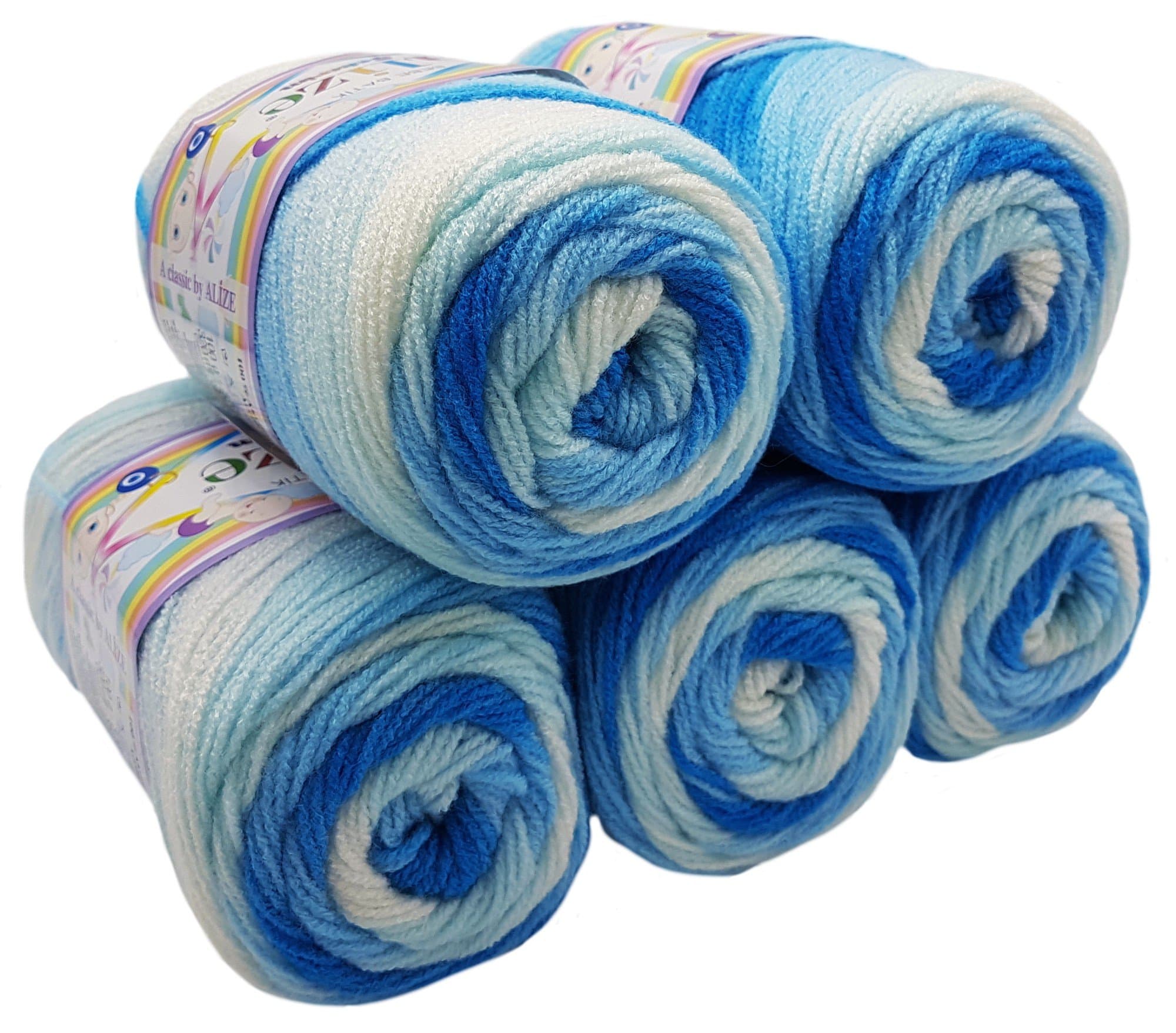 5 x 100g Baby Bebe Tie Dye Dark Blue No. 2130 White 500 Gram Wool Knit and Crochet