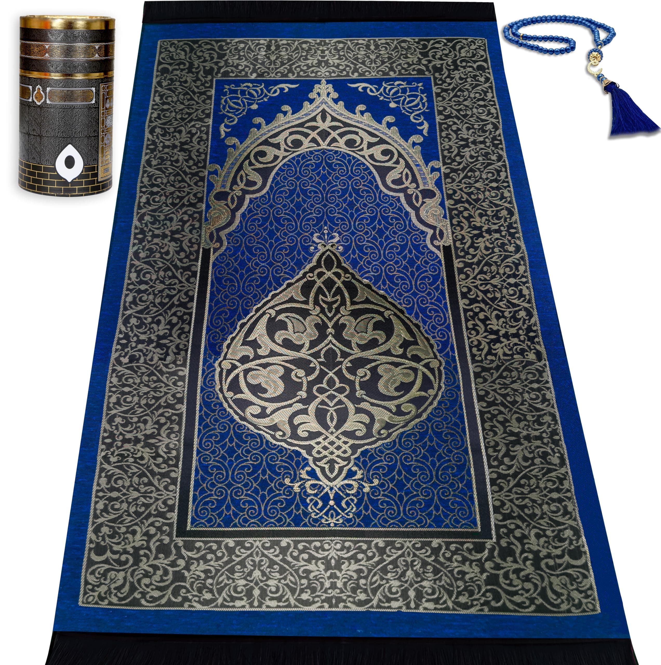 Muslim Prayer Rug Islam and Beads, Kaabe Design Box Eid Ramadan Gifts Islamic Set Carnal Salah Mat Taffeta Fabric Black Soft Prayer Mats Men and Women (Blue)