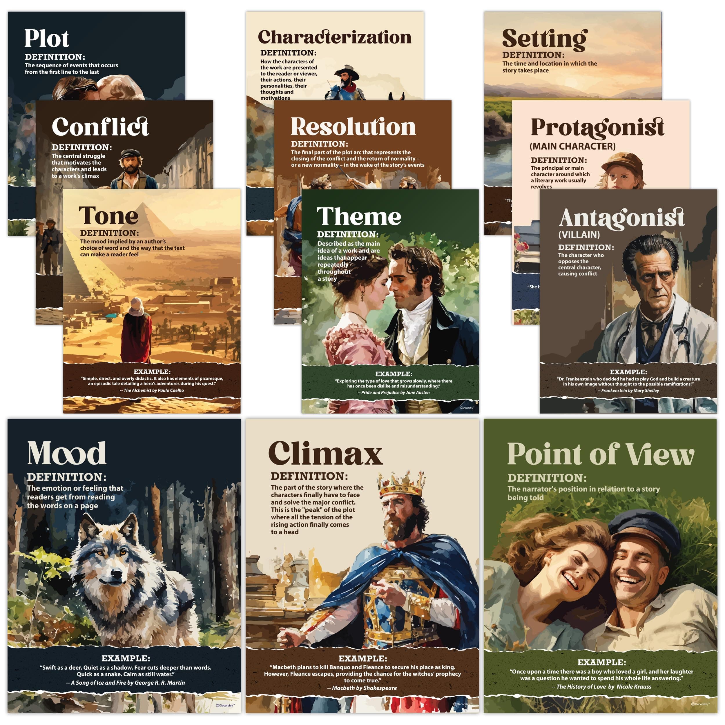 Decorably 12 Literary Elements Posters, 11x14in Gloss-Laminated Educational Classroom Posters High School English - Hallways, Bulletin Boards, Home Study Room