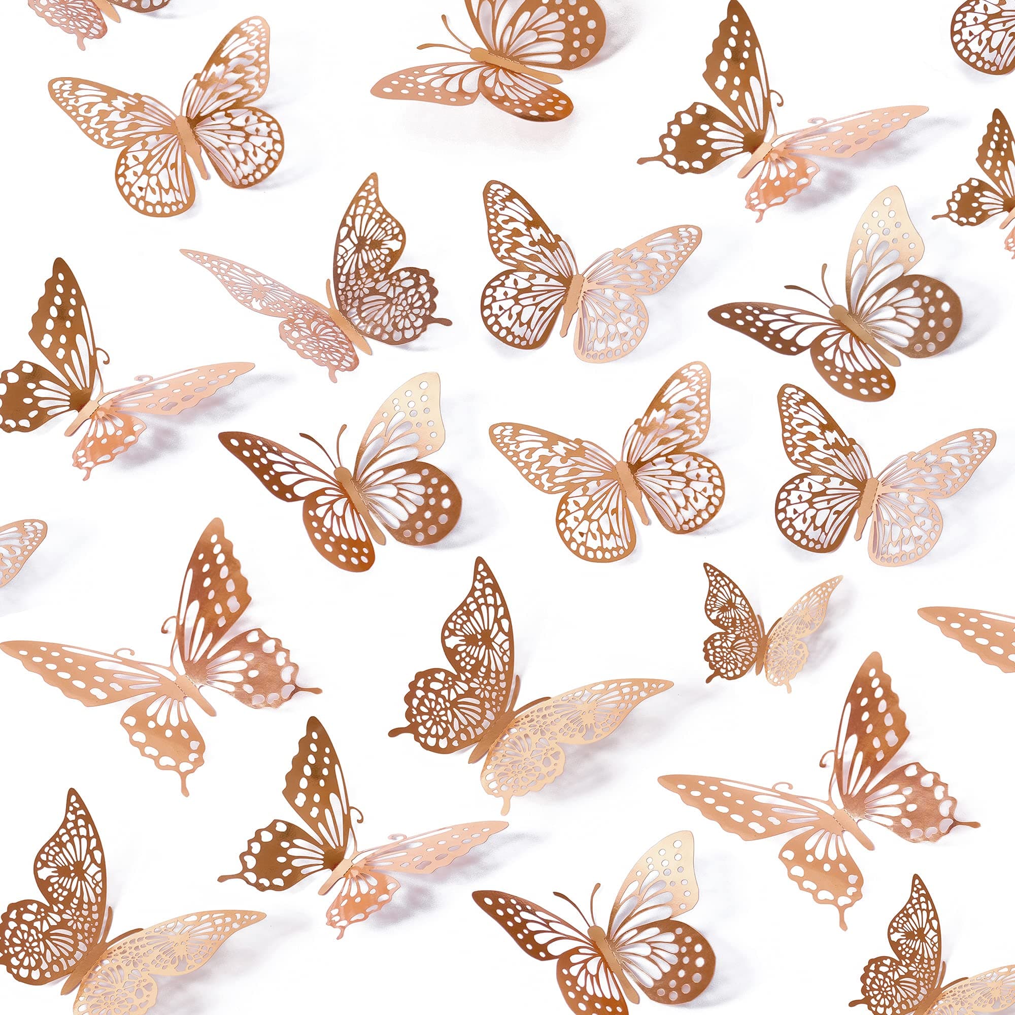 SAOROPEB 3D Butterfly Wall Decor, 48 Pcs 4 Styles 3 Sizes, Removable Metallic Wall Sticker Room Mural Decals for Kids Bedroom Nursery Classroom Party Decoration Wedding Decor DIY Gift (Rose Gold)
