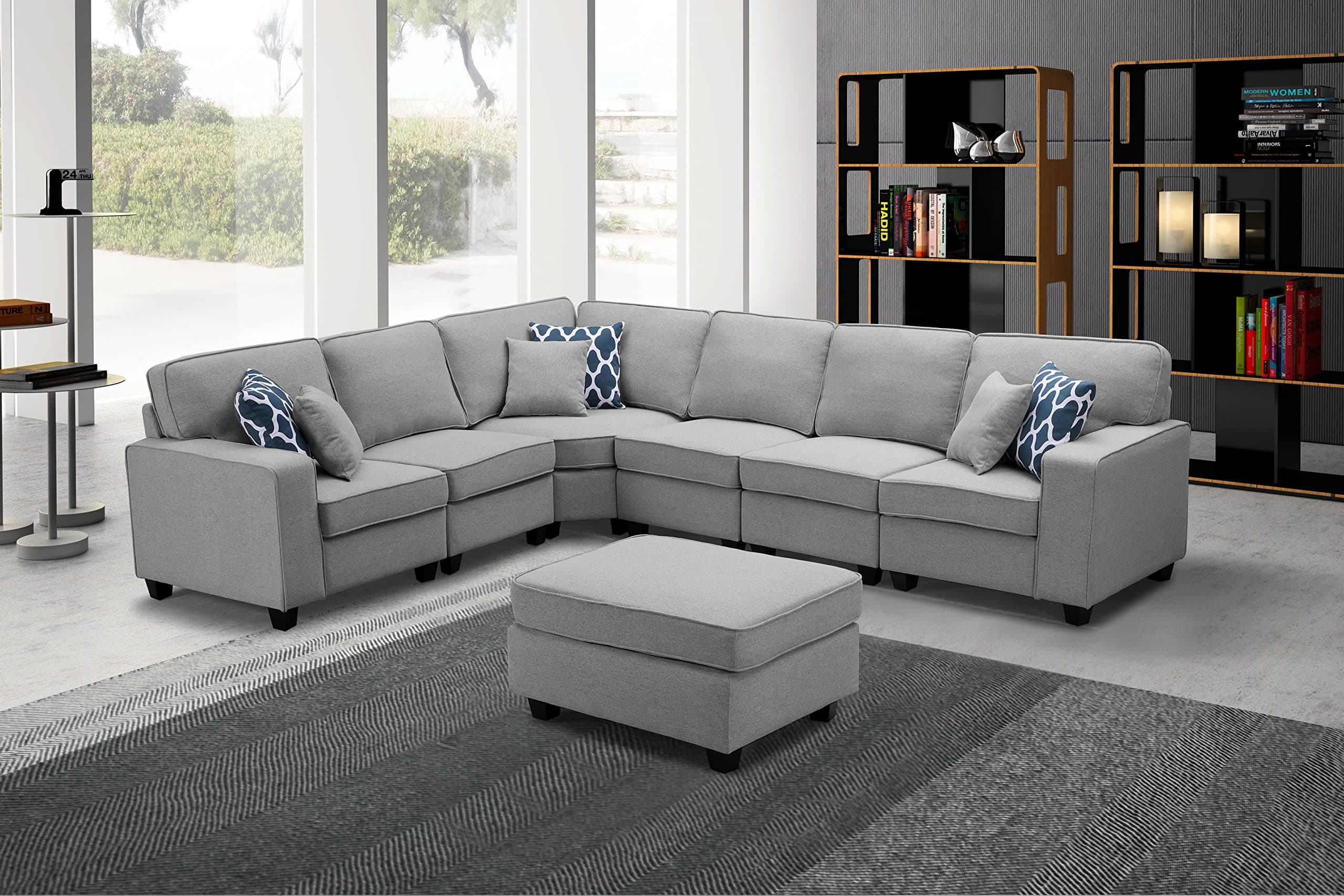 Lilola Home Casanova Light Gray Linen 7Pc Modular L-Shape Sectional Sofa with Ottoman