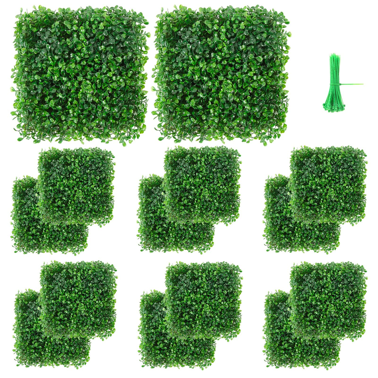 Vevitts 12 Packs 10"x10" Artificial Boxwood Hedges Mat with Cable Ties, Grass Wall Panels UV Privacy Fence Screen Greenery Panel for Indoor & Outdoor Decor