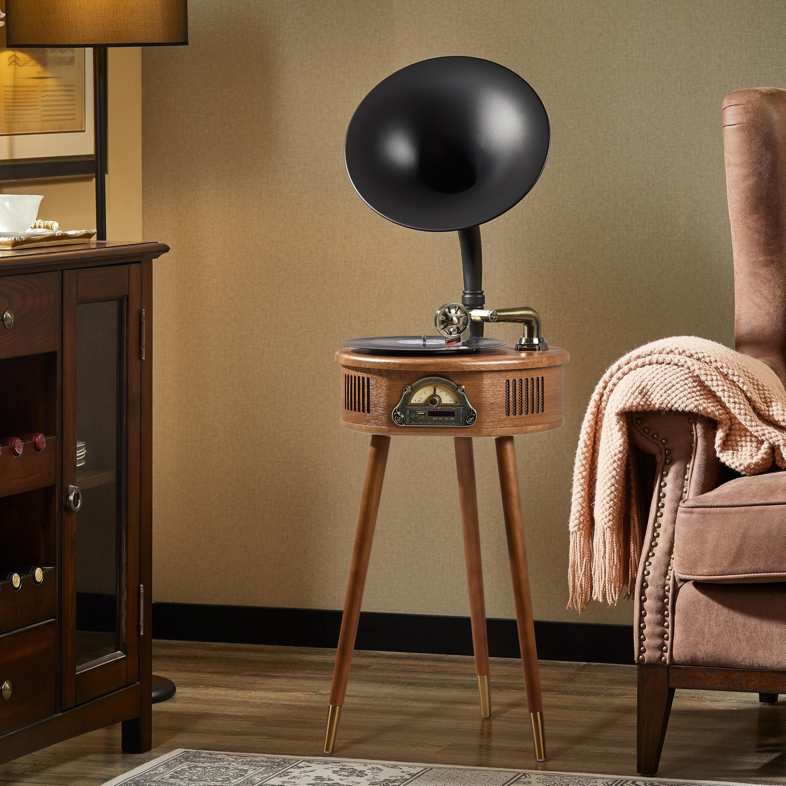 Gramophone Record Player,Italian Style Gramophone Vinyl Record Player with Control/Bluetooth/USB/FM Vintage Record Players Turntables 2 Speed(33/45), Hi-Fi, Classic Tripod Retro Wooden Design