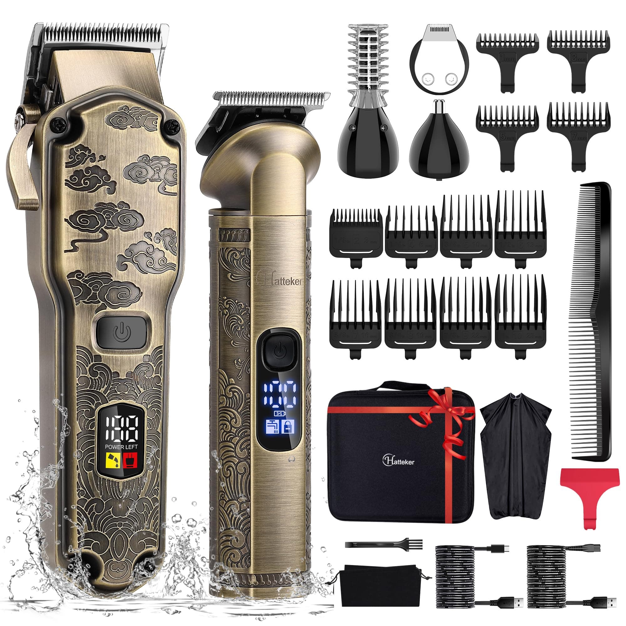 Hattek Professional Hair Clipper for Men, T-Blade Trimmer, Beard and Body, Wireless Nose & Body Care Kit