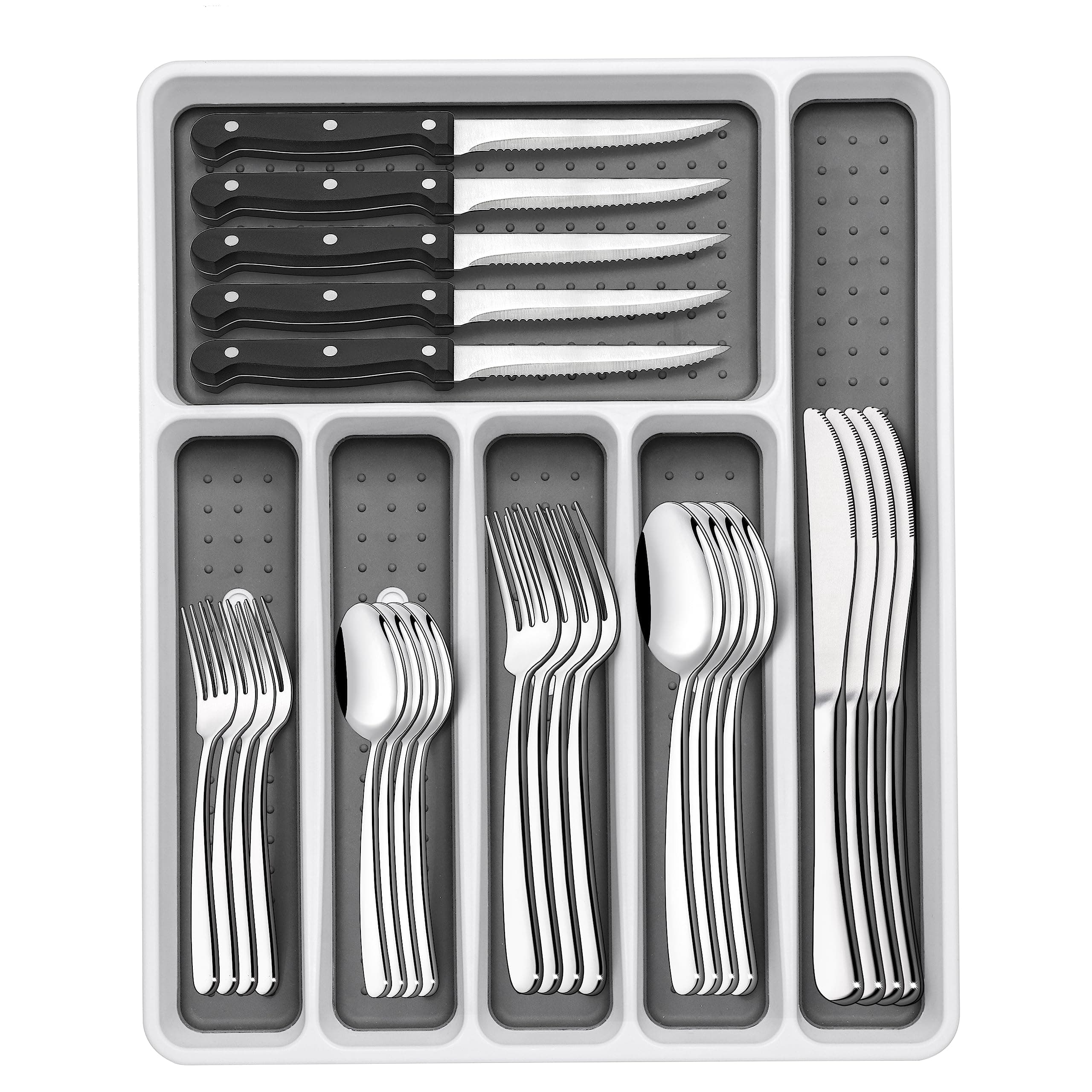 49-Piece Silverware Set with Organizer, Heavy Duty Stainless Steel Flatware Set for 8, Cutlery Utensil Sets with Steak Knives, Rust-proof, Mirror Polished, Dishwasher Safe, Heavy Duty