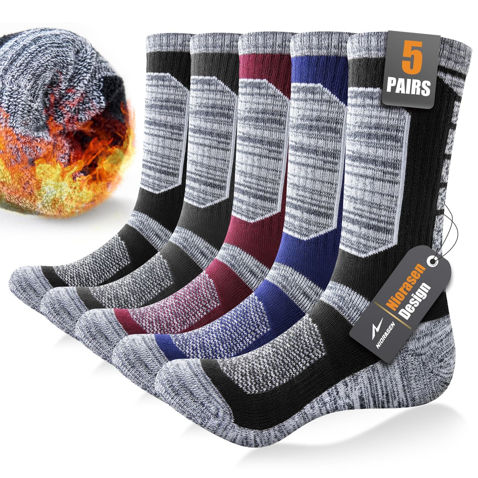 Full Cushion Thermal Socks for Men, Thick Cotton Mens Work Socks, Padded Mens Warm Socks, 5 Pairs Crew Winter Sports Socks for Outdoor Walking Hiking Running Climbing