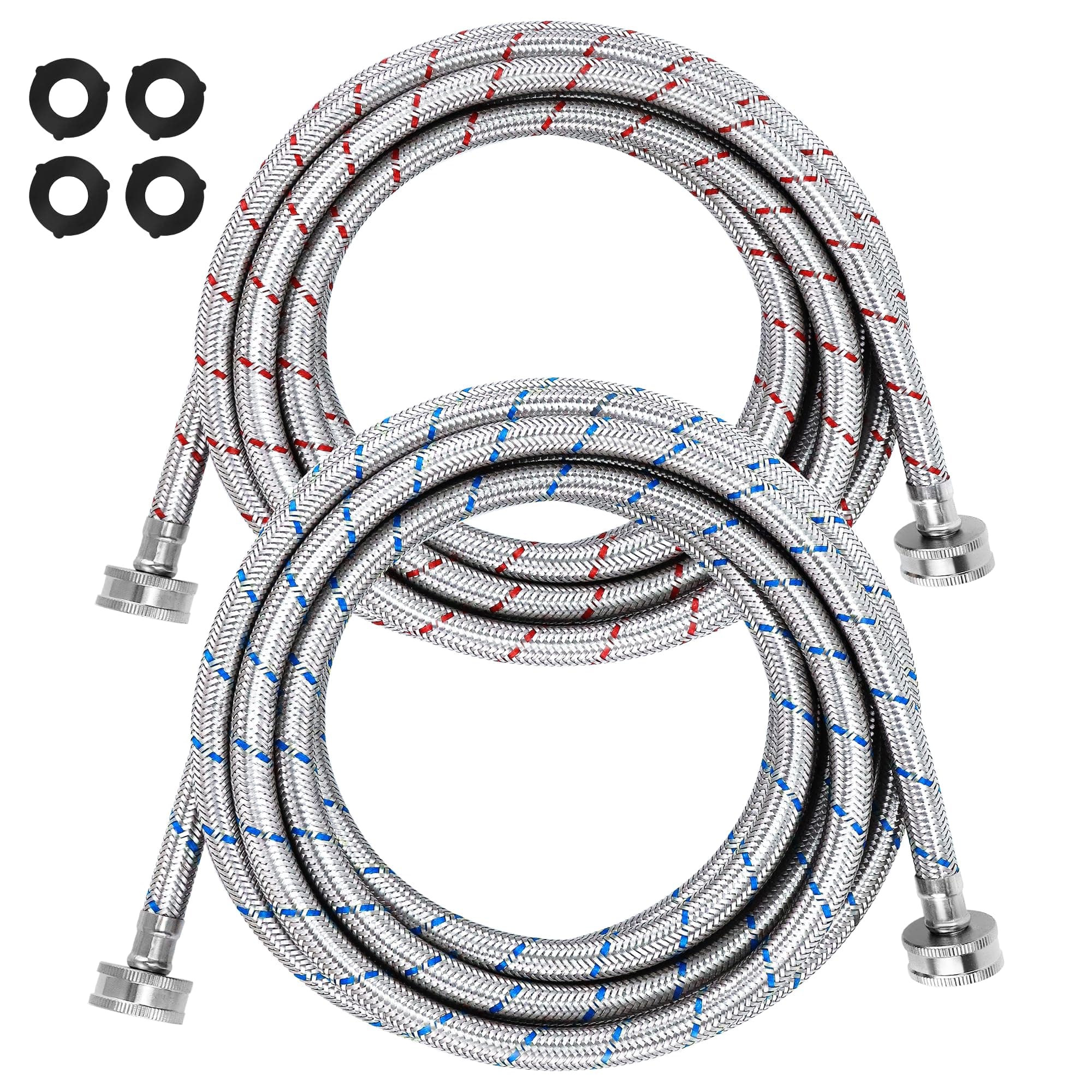 15ft Long Washing Machine Hoses (2 Pack) by Beaquicy - Stainless Steel Hot and Cold Striped Water Supply Lines - Universal Fit to All Wash Machines - Burst Proof Leak Free Hose - 10 YEARS WARRANTY