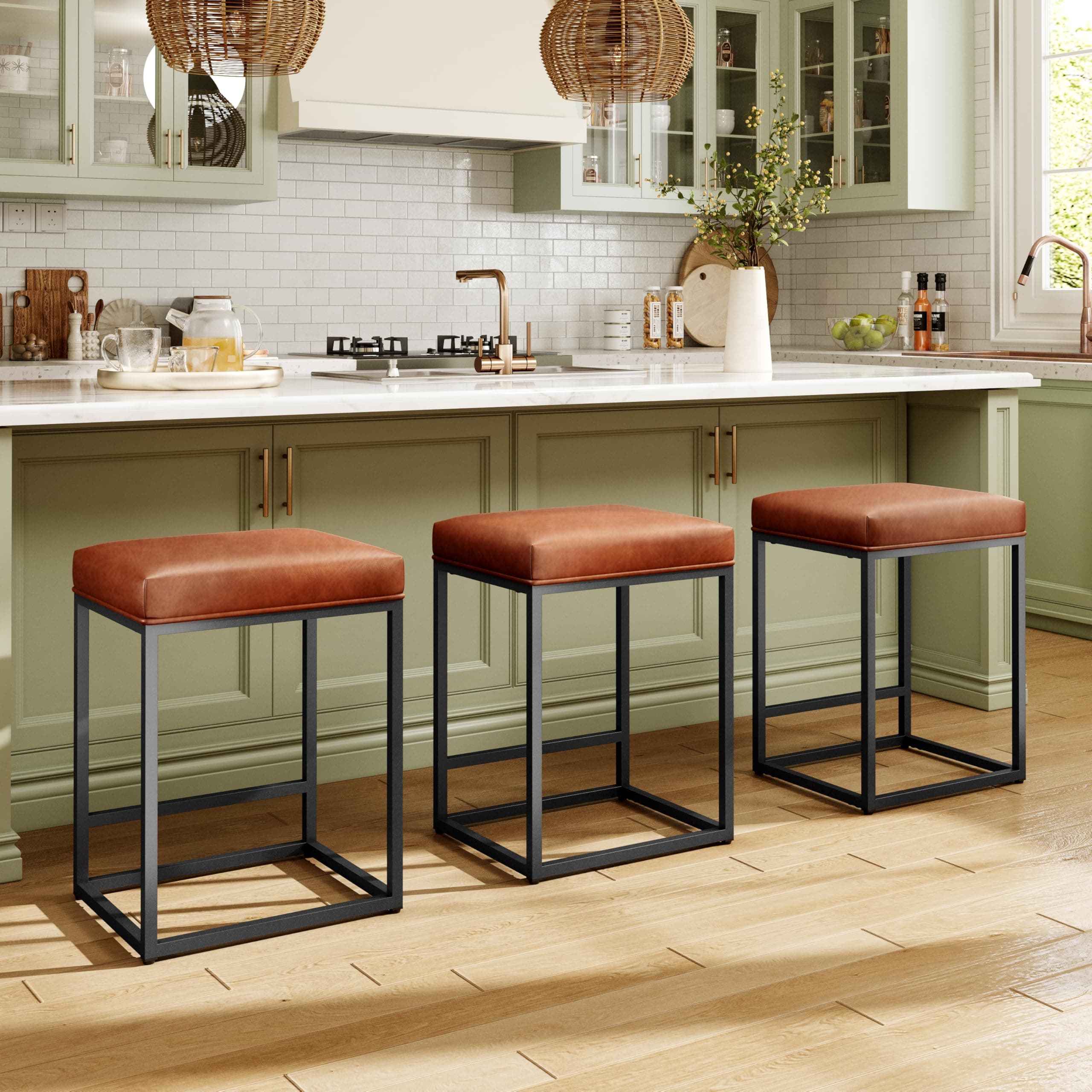 MAISON ARTS Counter Height Bar Stools Set of 3 for Kitchen Counter 24 Inch Backless Modern Barstools Industrial Upholstered Faux Leather Stools Farmhouse Island Chairs, Brown